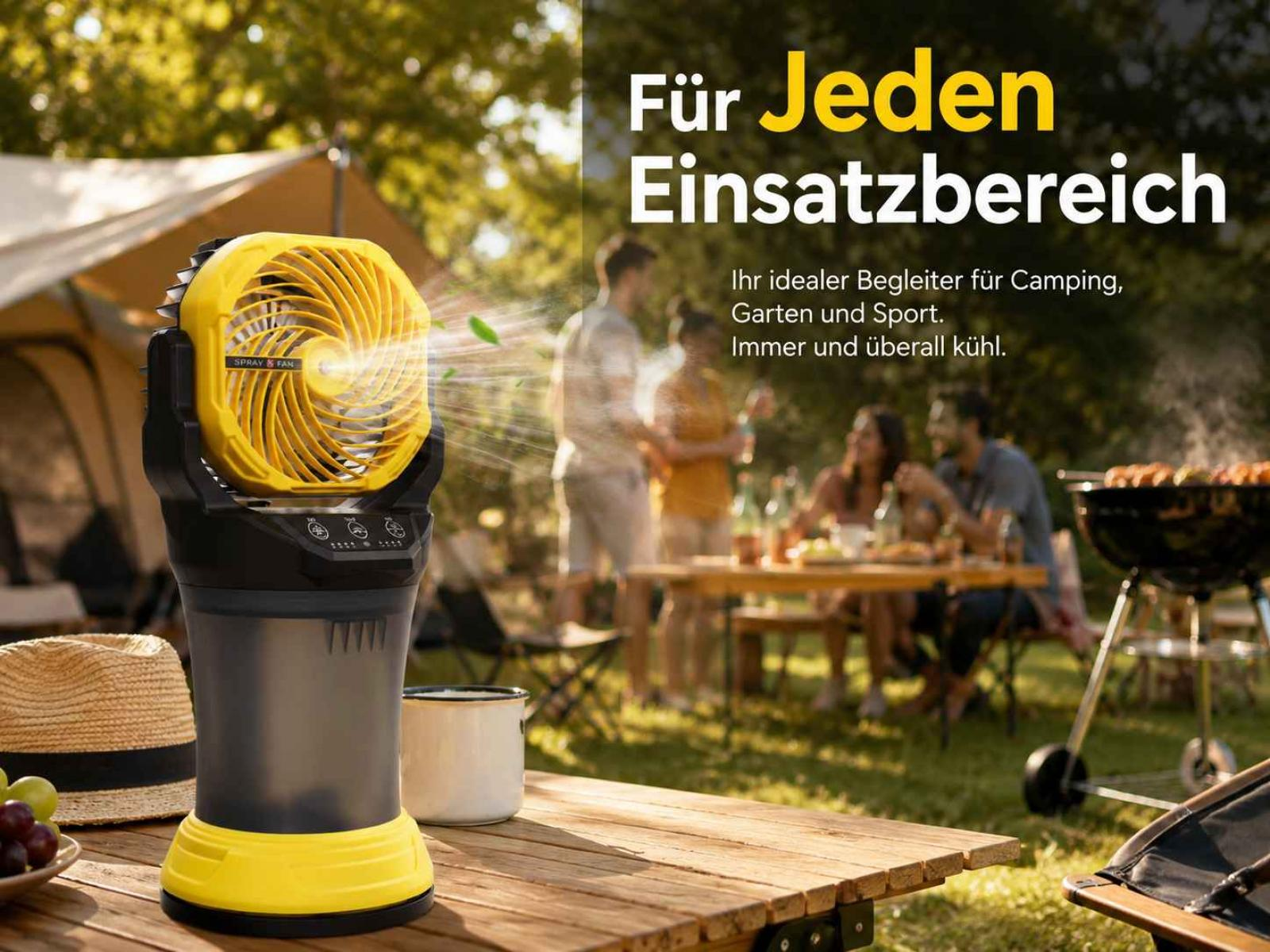 Ein gelber Ventilator sprüht Wasser im Freien mit Leuten, die grillen und campen.