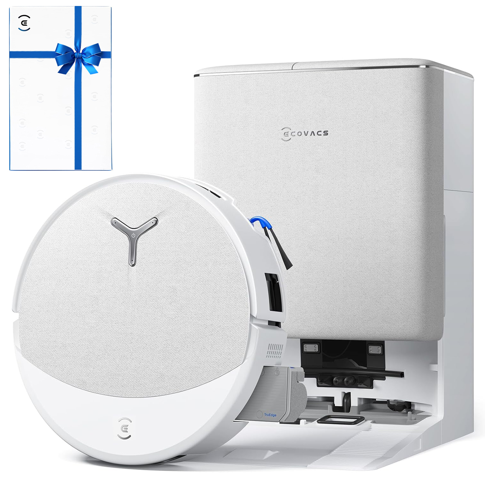 Un robot aspirateur blanc avec station de charge et boîte cadeau avec nœud bleu.
