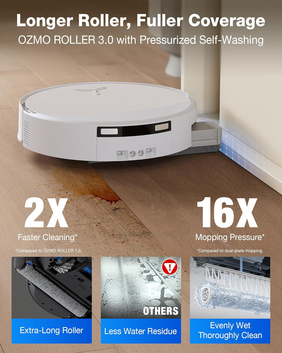Un robot aspirateur blanc nettoie un parquet taché. Le texte met en avant des rouleaux plus longs.