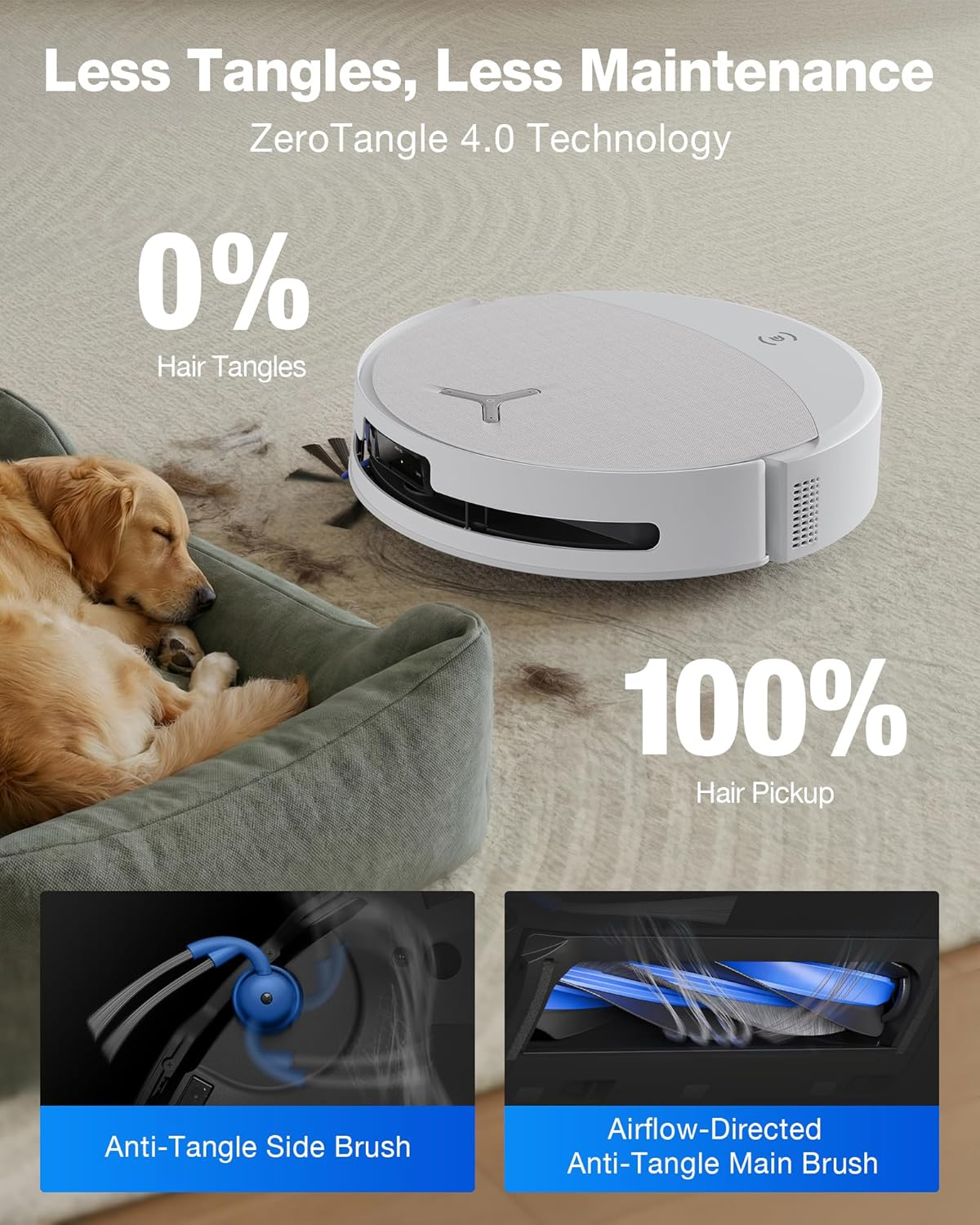 Un aspirateur robot nettoie les poils à côté d'un chien dans son panier.
