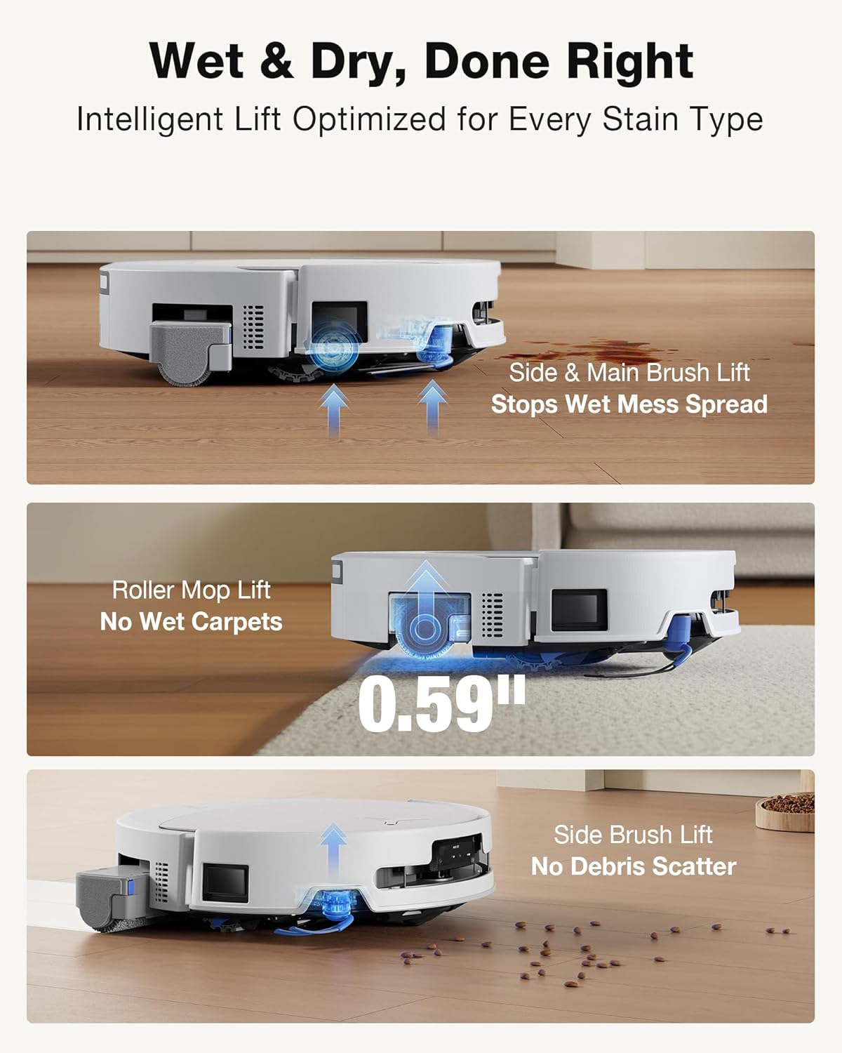 Un robot aspirateur soulève ses brosses et sa serpillière pour le nettoyage à sec/humide et le ramassage.