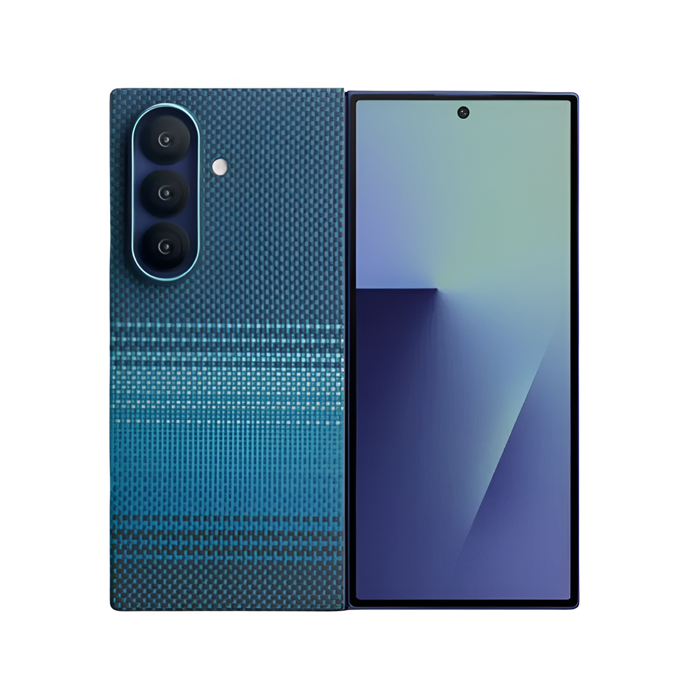Niebieski smartfon z potrójnym aparatem i wzorzystym tyłem.