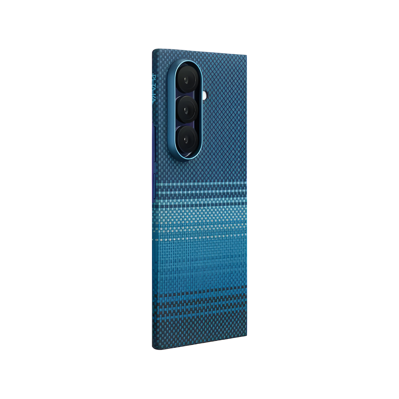 Niebieski smartfon z trzema aparatami i wzorzystą obudową, na białym tle.