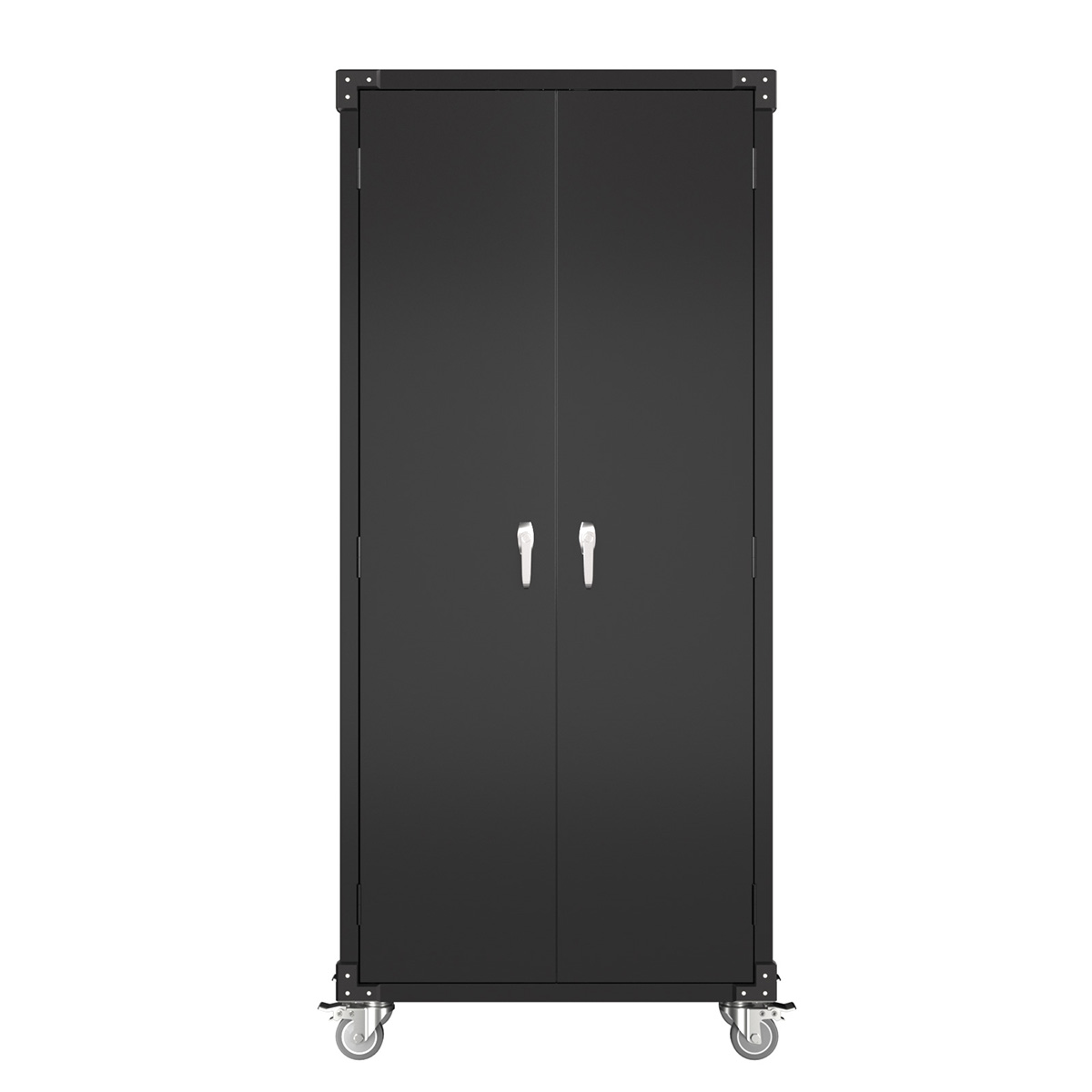 Ein schwarzer Metallschrank auf Rädern mit zwei Türen und Griffen.