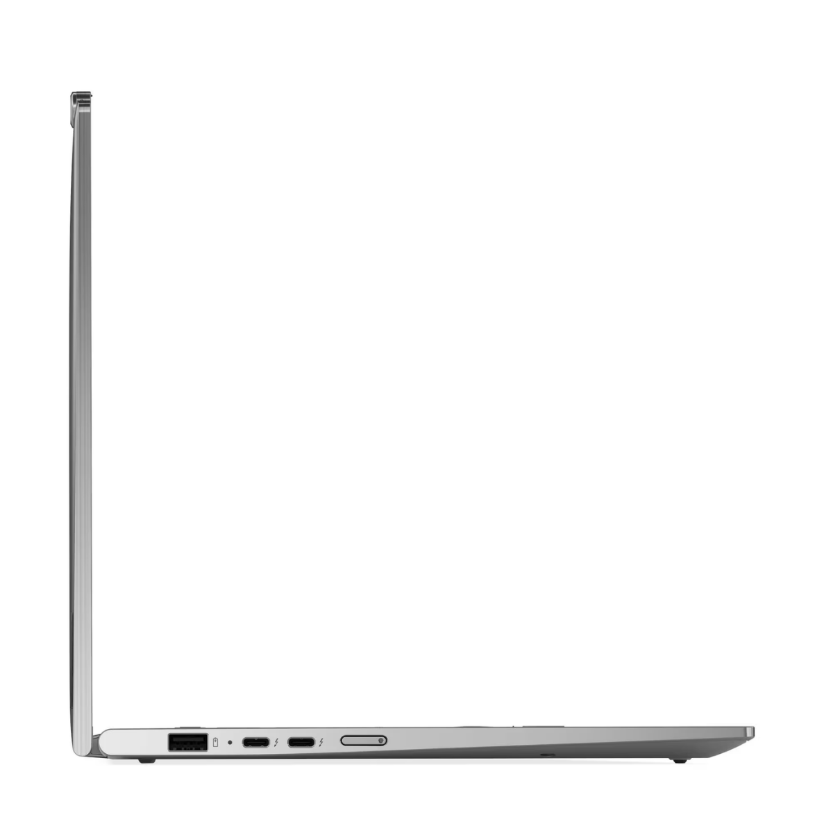 Gümüş renkli dizüstü bilgisayar, yan görünüm: USB-A, 2x USB-C, SD kart okuyucu.