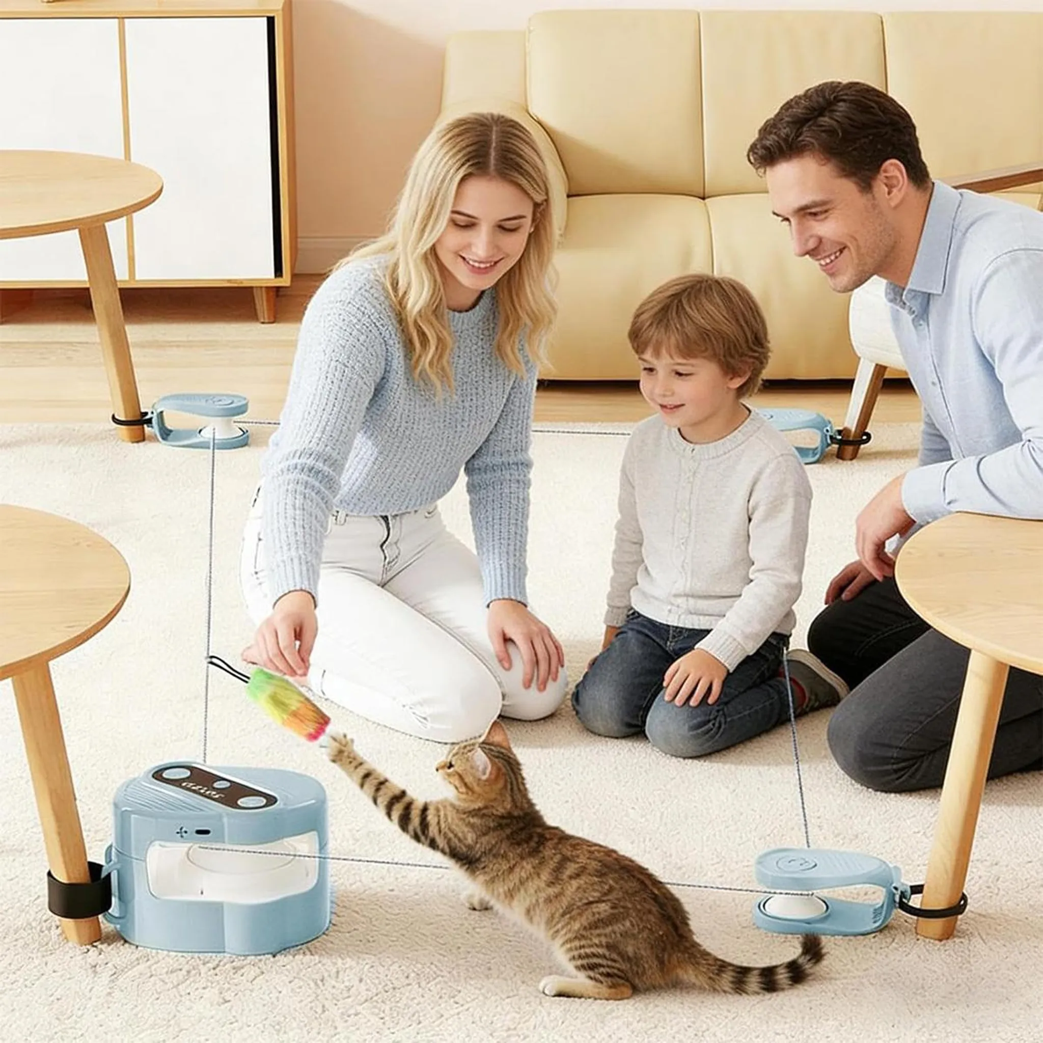 Familie spielt mit Katze und Spielzeug in einem hellen Wohnzimmer.