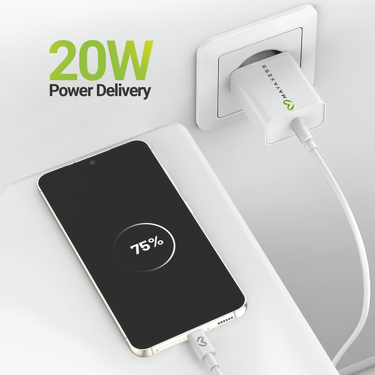 Uno smartphone in carica tramite adattatore 20W. Batteria al 75%.