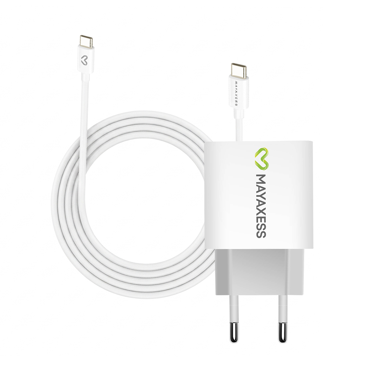 Un caricabatterie USB-C bianco con cavo arrotolato e connettore.