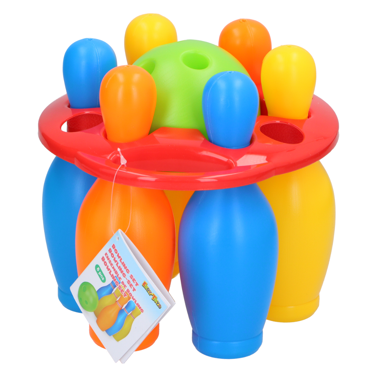 A colorful toy bowling set with red, blue, yellow, and orange pins and a green ball.