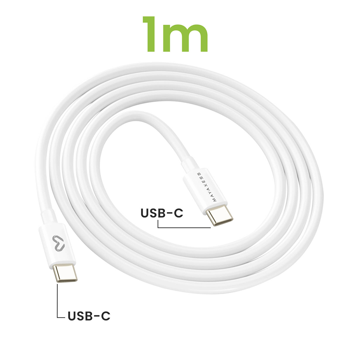 Un cavo USB-C bianco arrotolato da 1m con due connettori USB-C. Testo: 1m, USB-C.