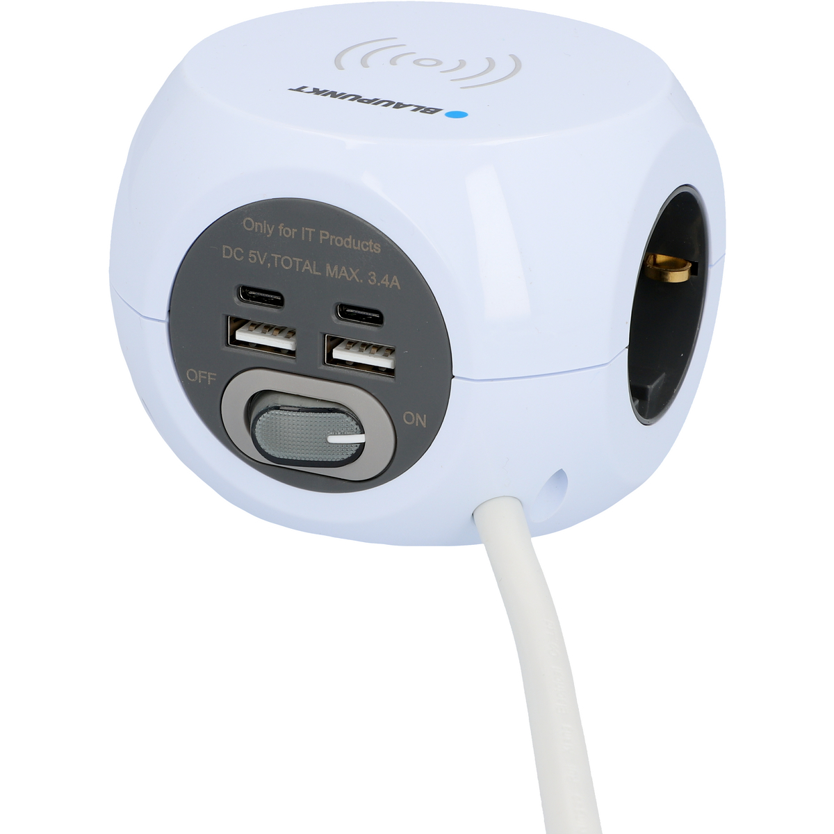 Weiße Würfel-Steckdosenleiste mit USB-Anschlüssen, Steckdose und kabellosem Ladesymbol.