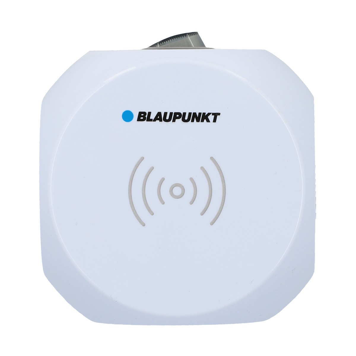 Ein weißes Blaupunkt-Ladegerät mit drahtloser Ladeanzeige und Schalter.