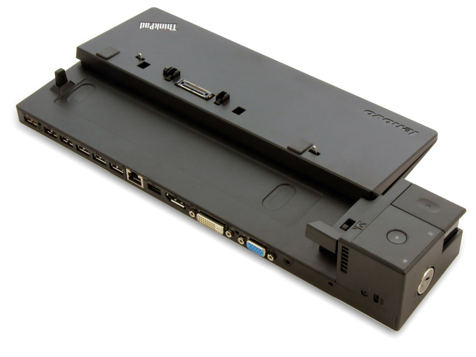 Stazione docking nera Lenovo ThinkPad con diverse porte: USB, HDMI, VGA.