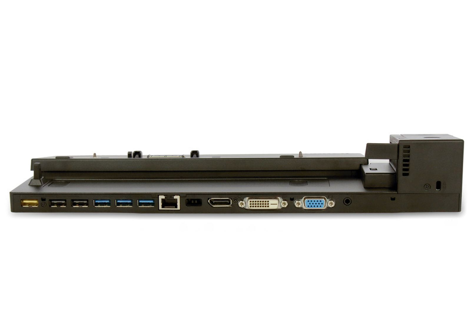 Stazione docking nera per laptop con più porte: USB, HDMI, DVI e VGA.