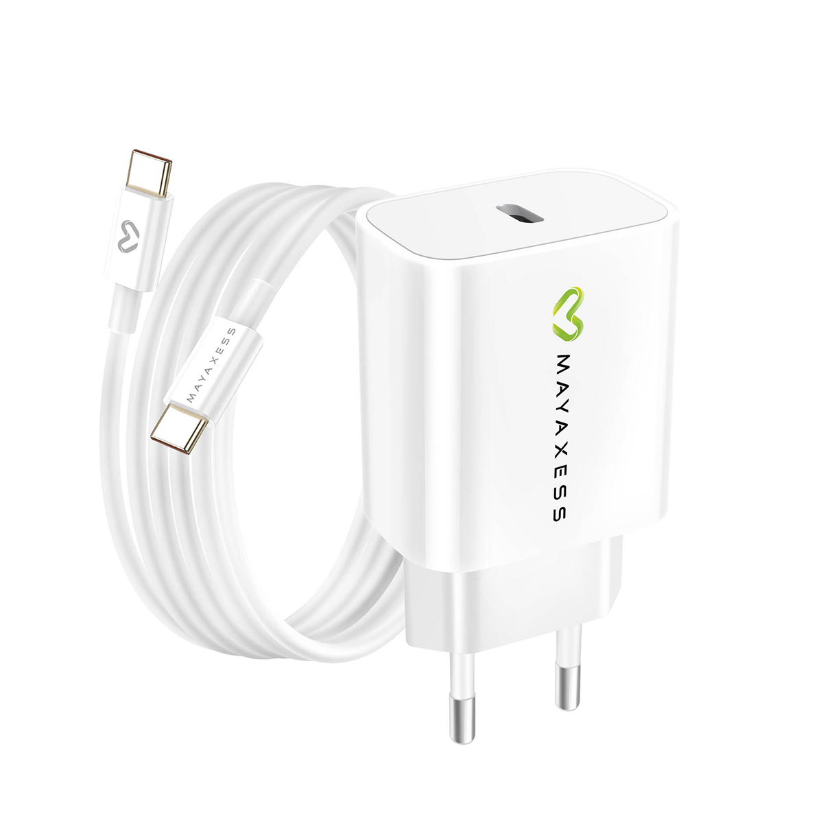 Caricatore USB-C bianco con cavo arrotolato e adattatore.