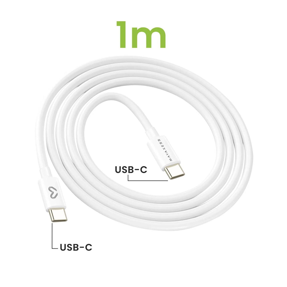 Un cavo USB-C bianco da 1 m, arrotolato, con due connettori.