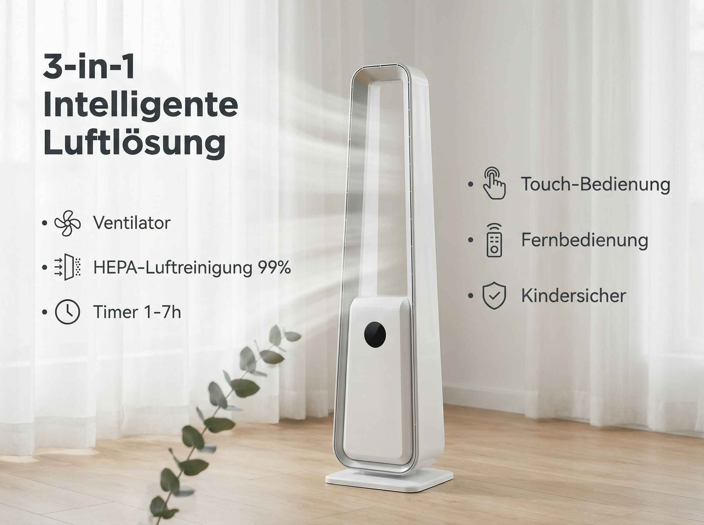 Ein weißer Turmventilator mit Touch-Bedienung, HEPA-Filter und Timer.