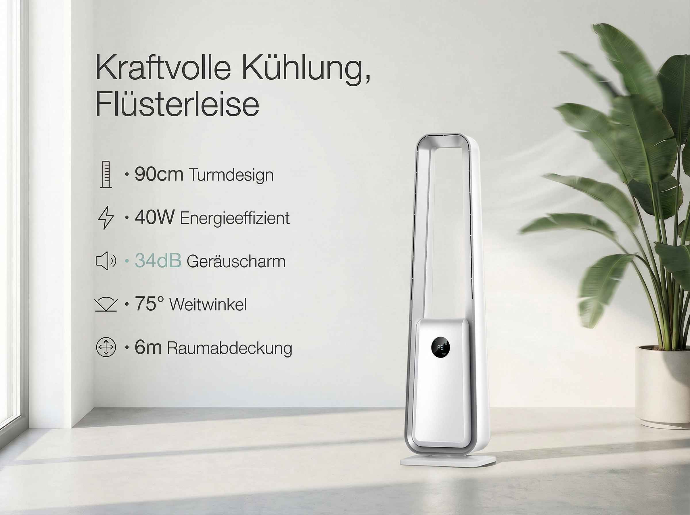 Moderner weißer Turmventilator mit Display, leiser Kühlung.