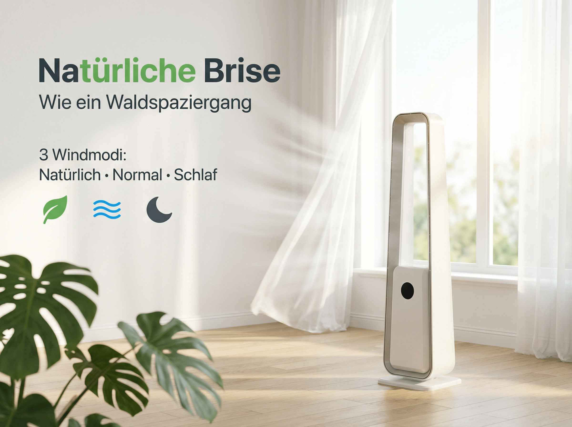 Ein moderner Ventilator steht neben einem Fenster mit weißen Vorhängen. Grüne Blätter sind im Vordergrund.