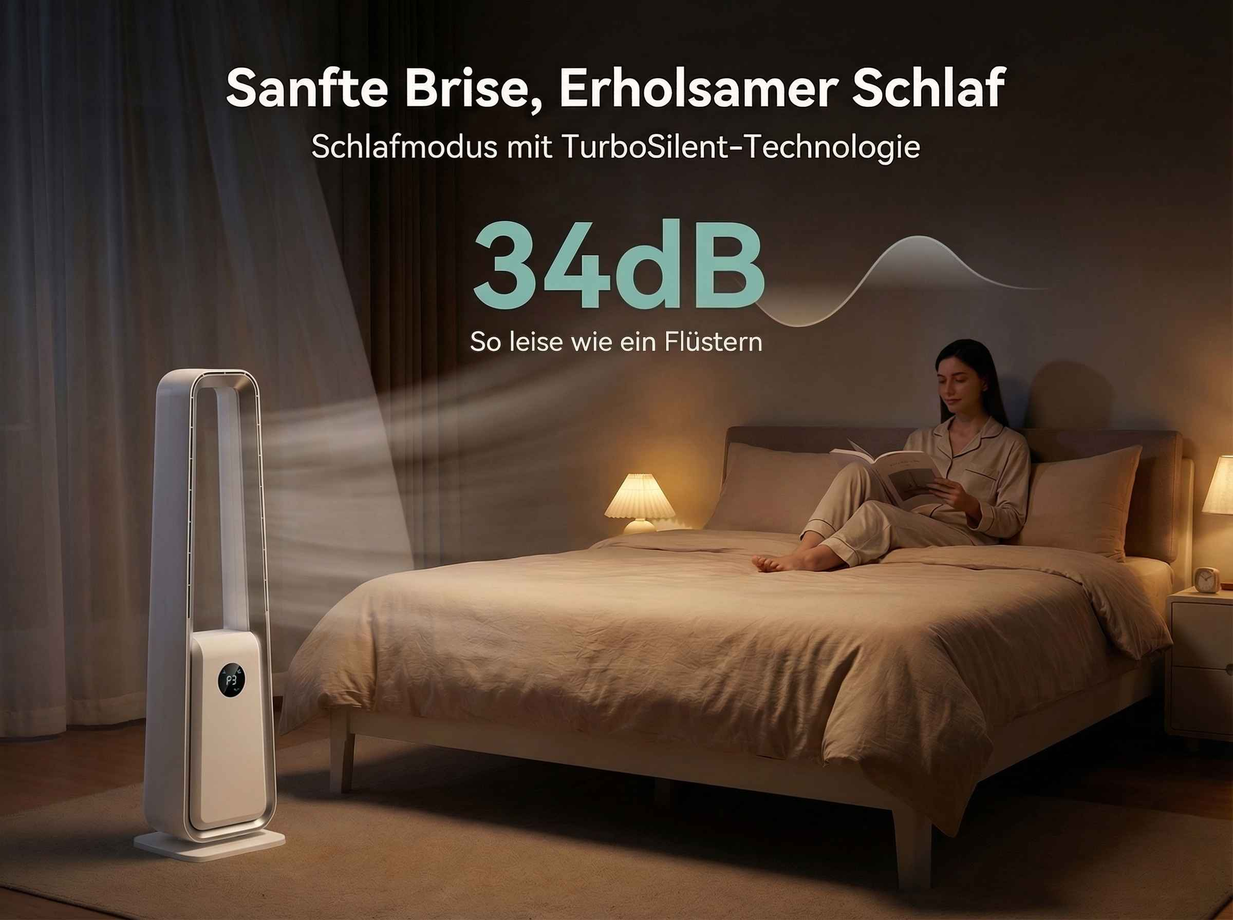 Ein Ventilator bläst Luft auf ein Bett, auf dem eine Frau liest. 34dB.