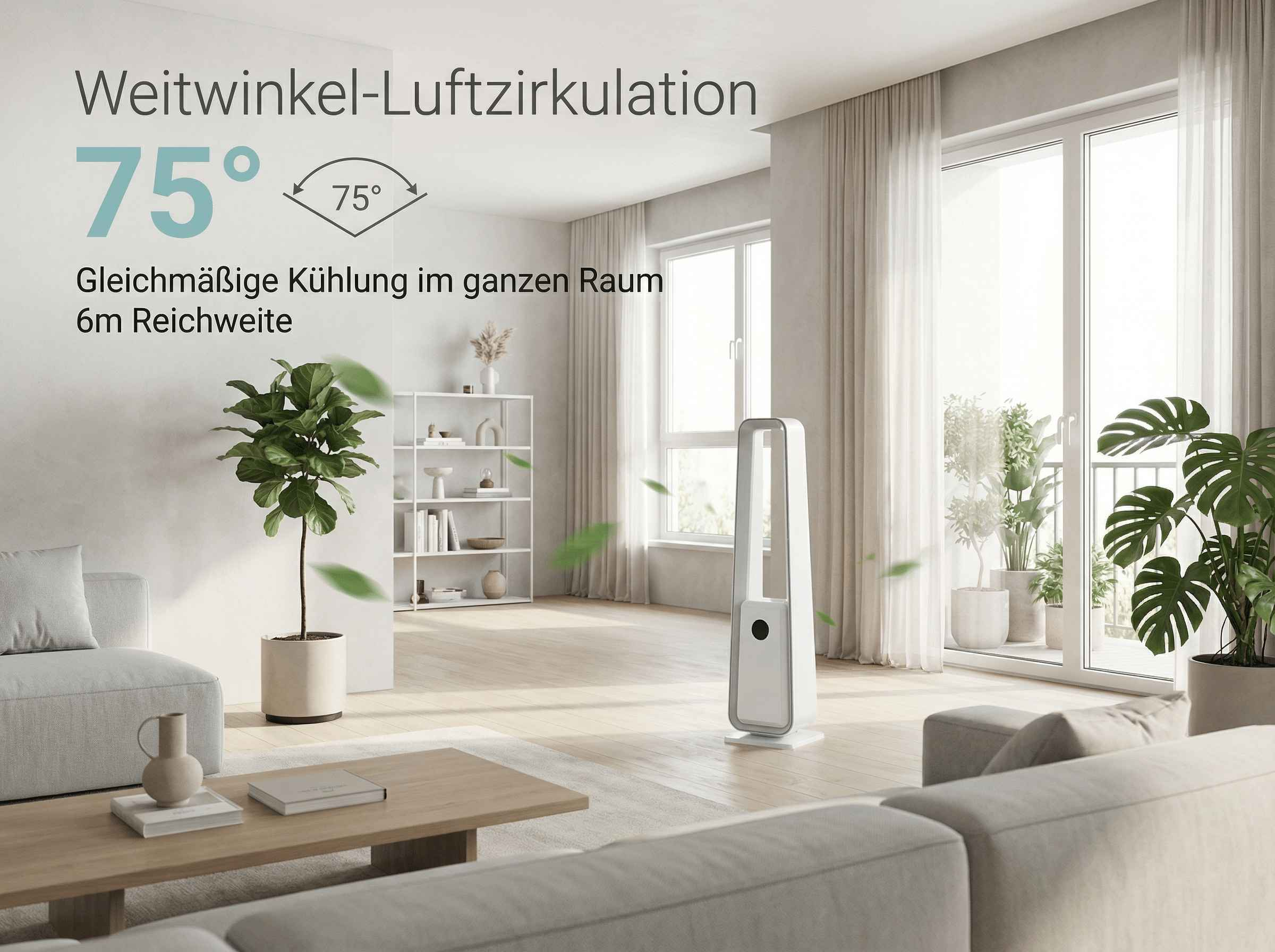 Moderner Turmventilator in einem hellen Wohnzimmer mit Pflanzen und Sofas.