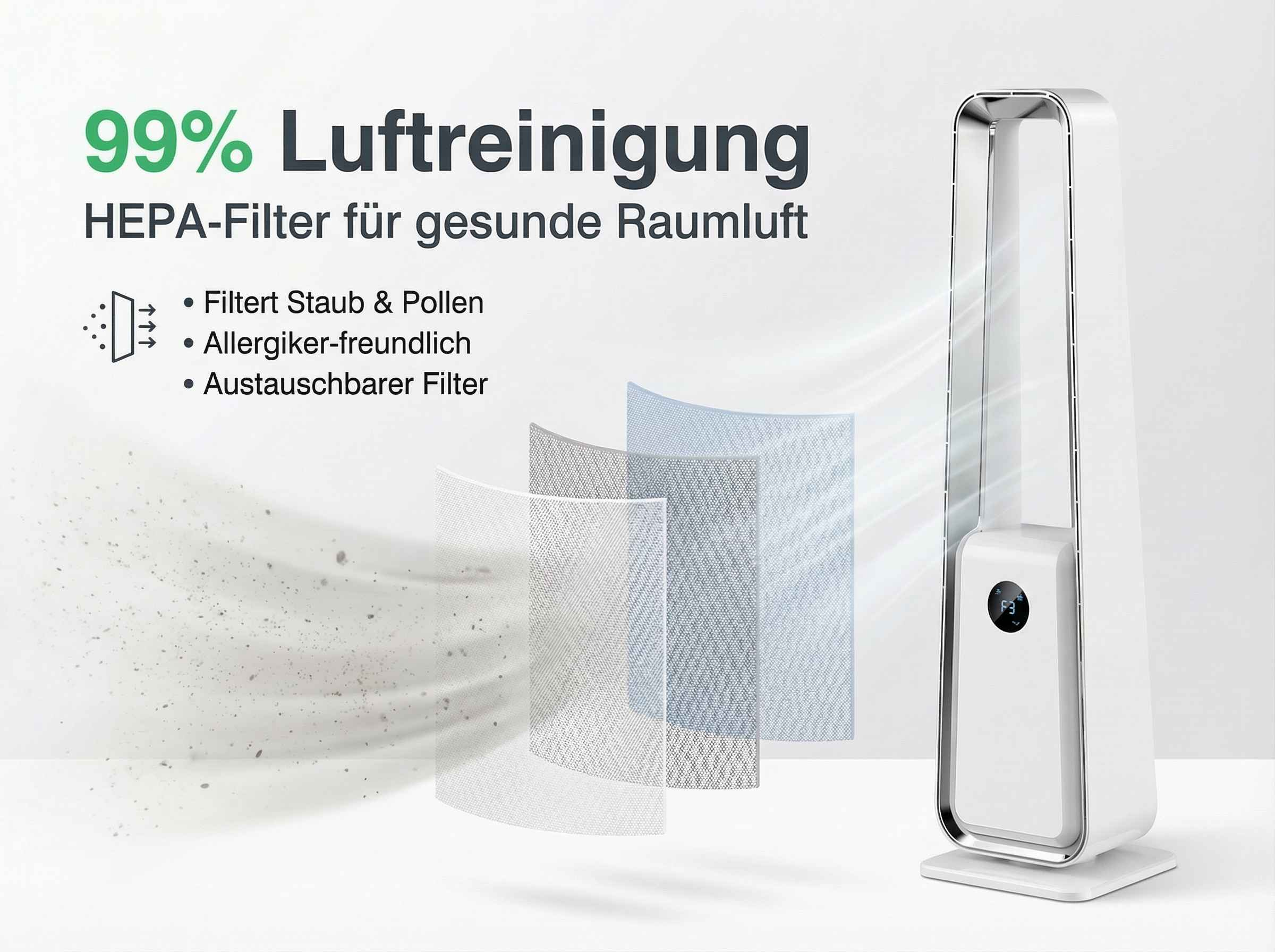 Ein weißer Luftreiniger mit HEPA-Filter, der Staub und Pollen filtert.