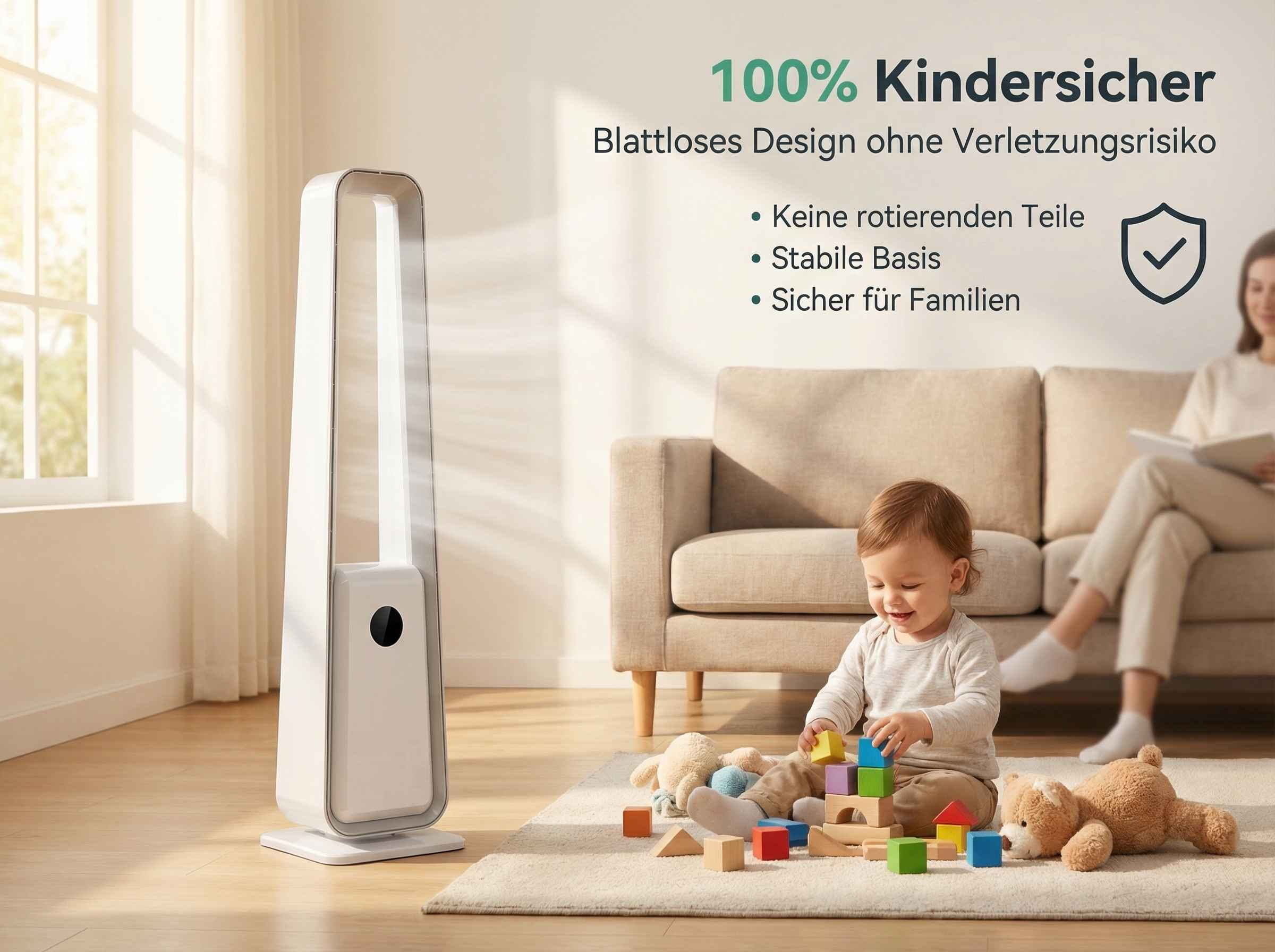 Ein weißer Turmventilator steht neben einem Baby, das mit Bausteinen spielt.