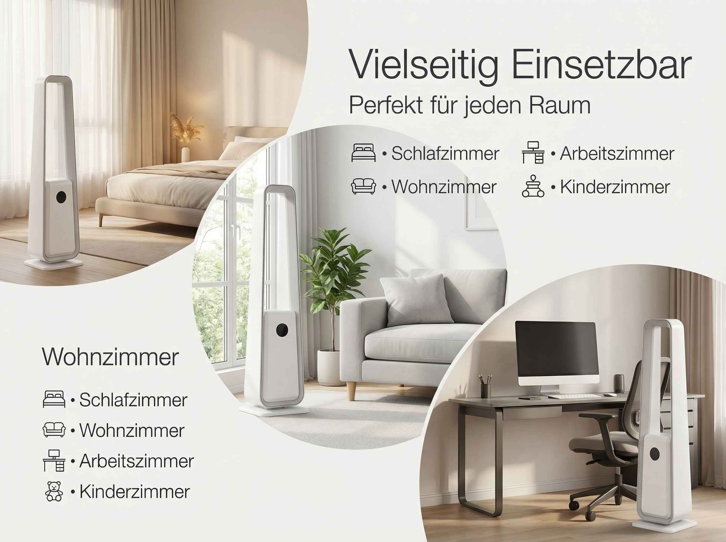 Vielseitiger Ventilator in verschiedenen Wohnräumen: Schlaf-, Wohn-, Arbeitszimmer.
