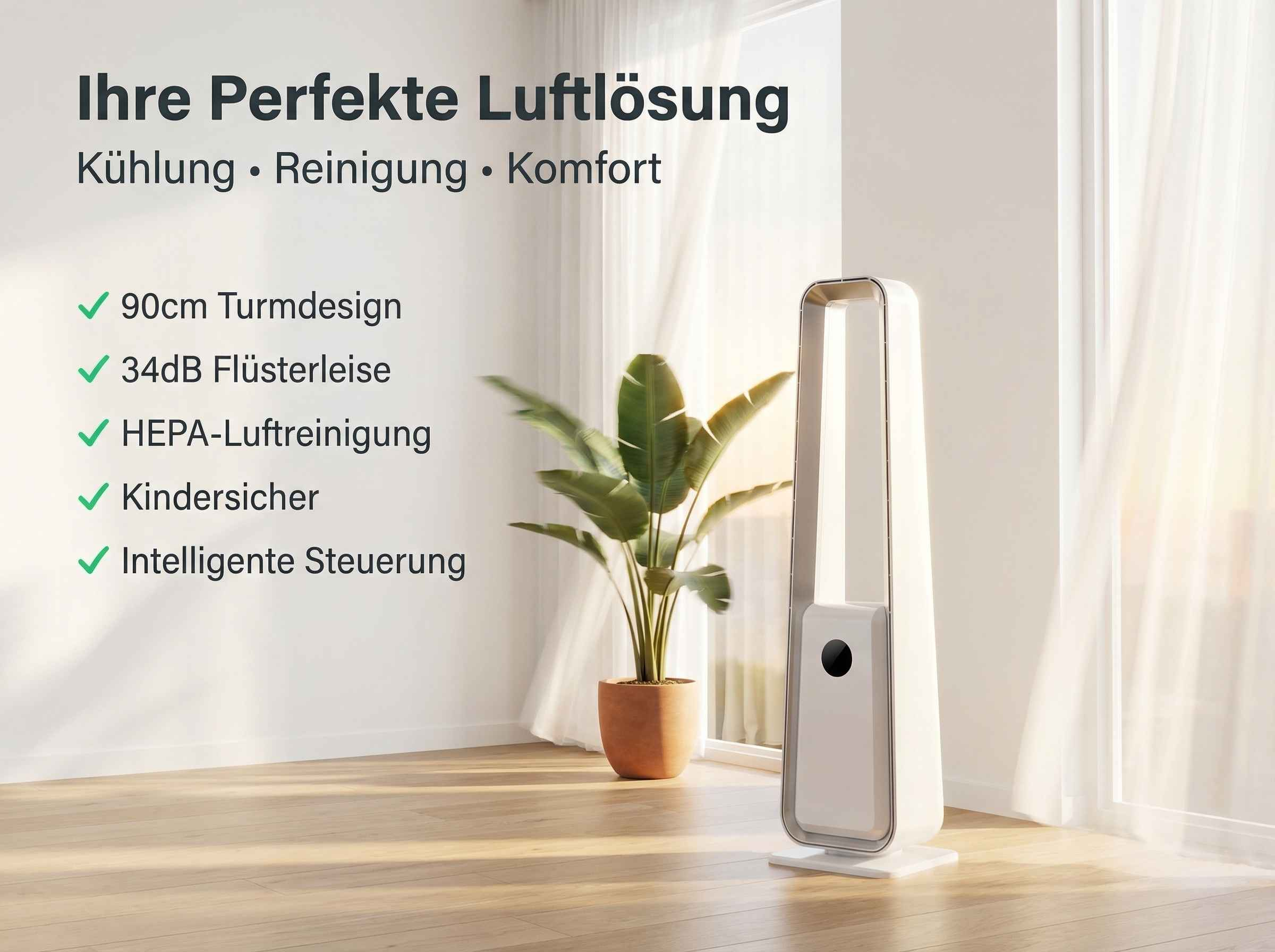 Ein weißer Turmventilator steht neben einer Topfpflanze mit großen grünen Blättern.