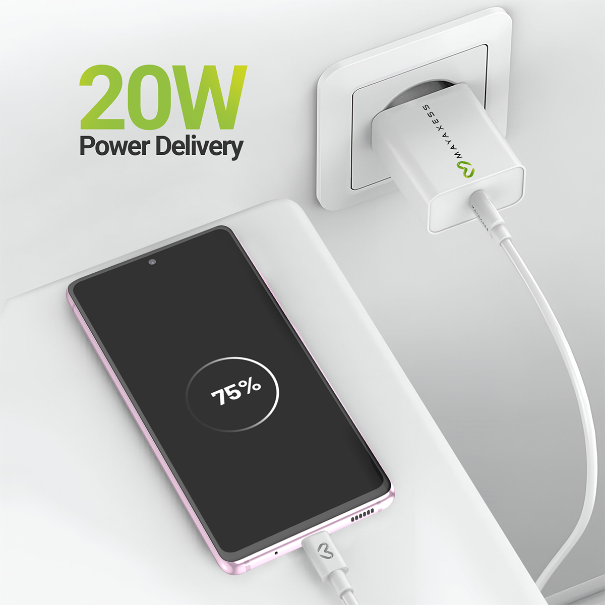 Un téléphone se charge avec un adaptateur 20W, atteignant 75%.