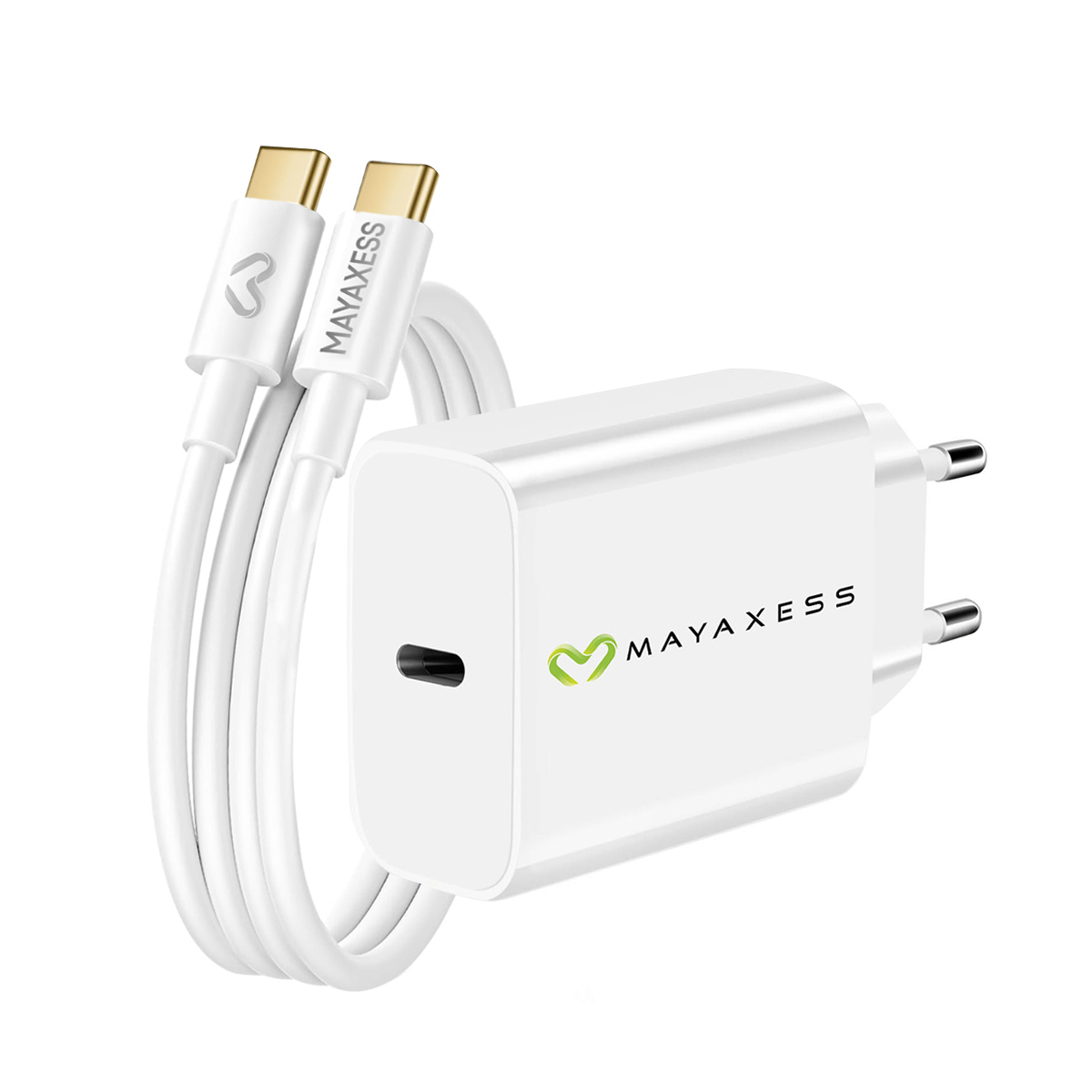 Un caricabatterie bianco con due cavi USB-C e connettori dorati.