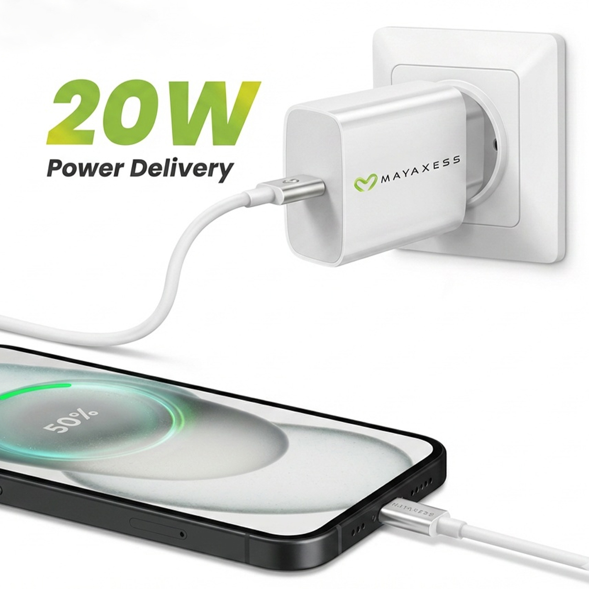 Un alimentatore bianco da 20W carica un telefono al 50%.