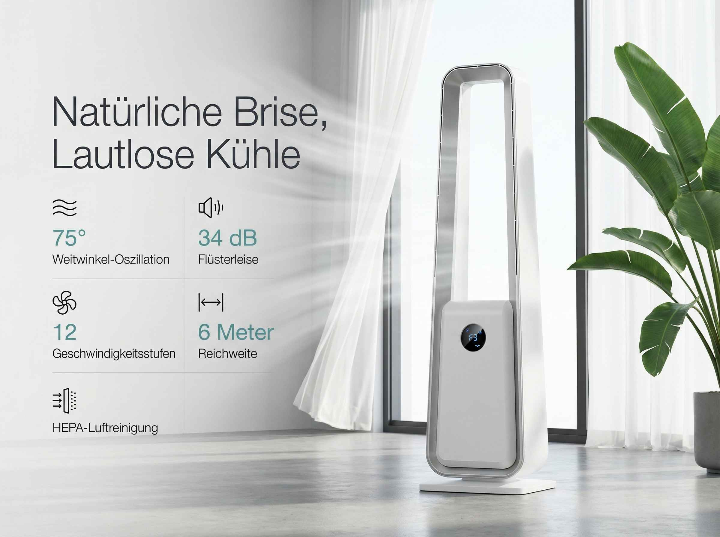 Ein moderner Turmventilator mit HEPA-Filter, 12 Geschwindigkeiten, 75° Oszillation.