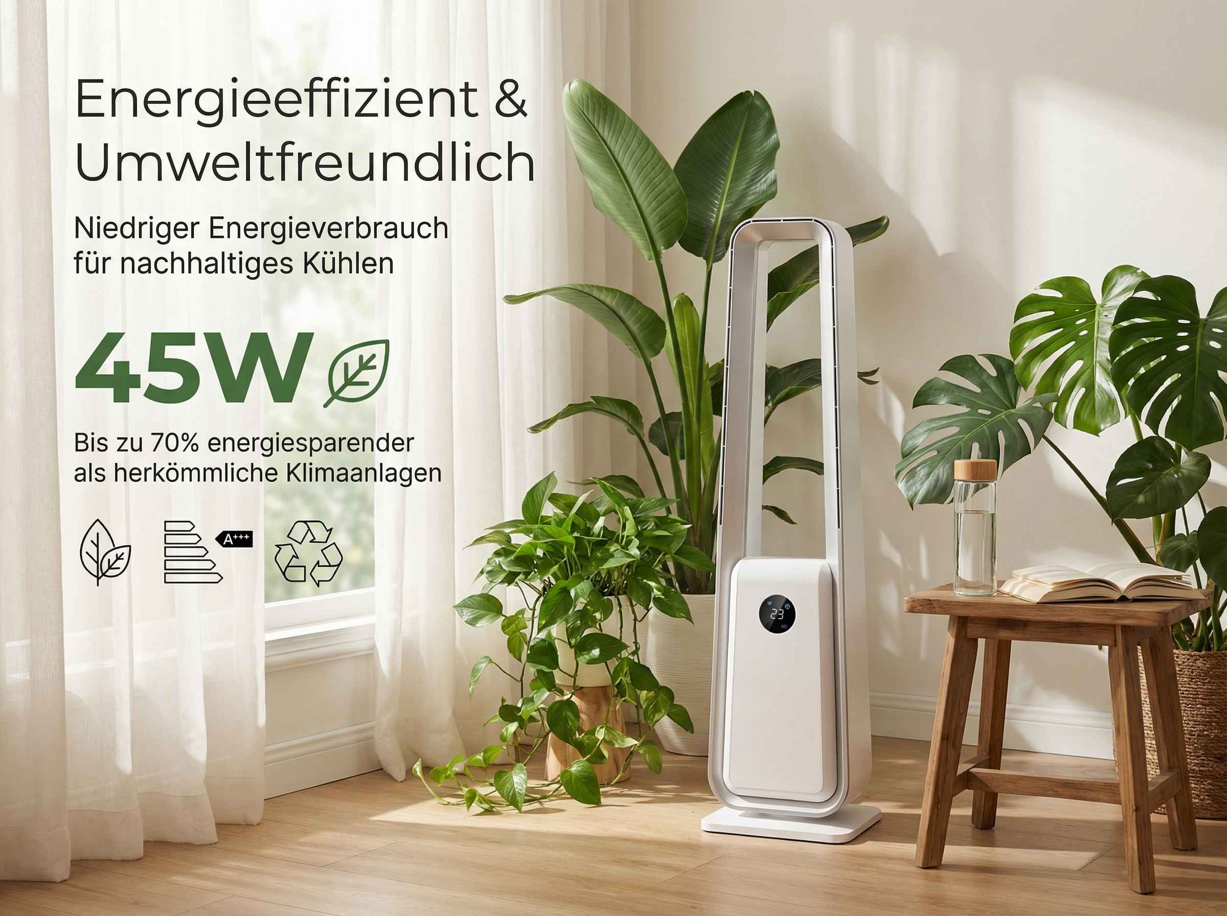 Ein moderner weißer Turmventilator steht neben Pflanzen und einem kleinen Holztisch mit Büchern.
