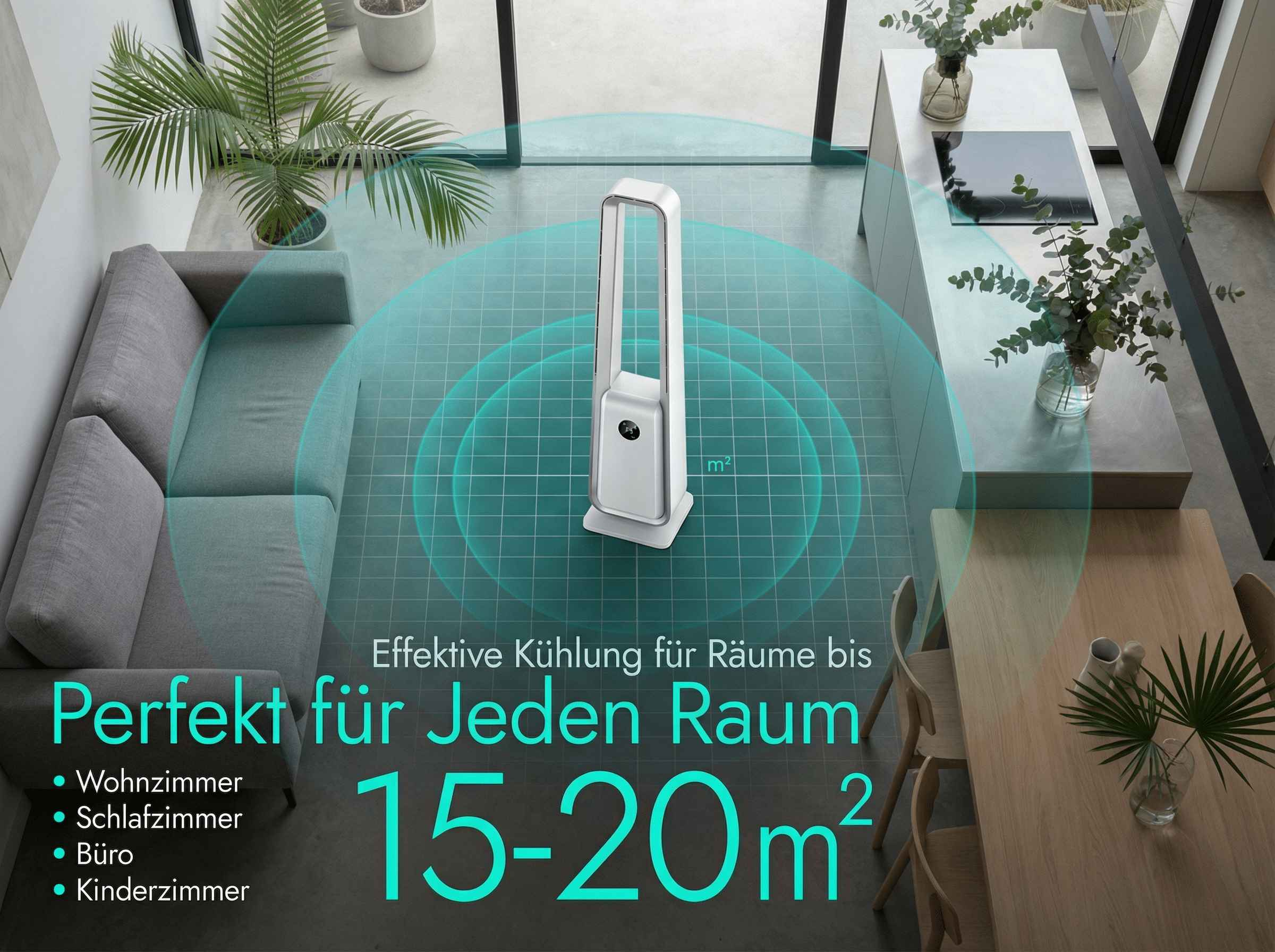 Ein weißer Turmventilator kühlt einen Raum von 15-20m².