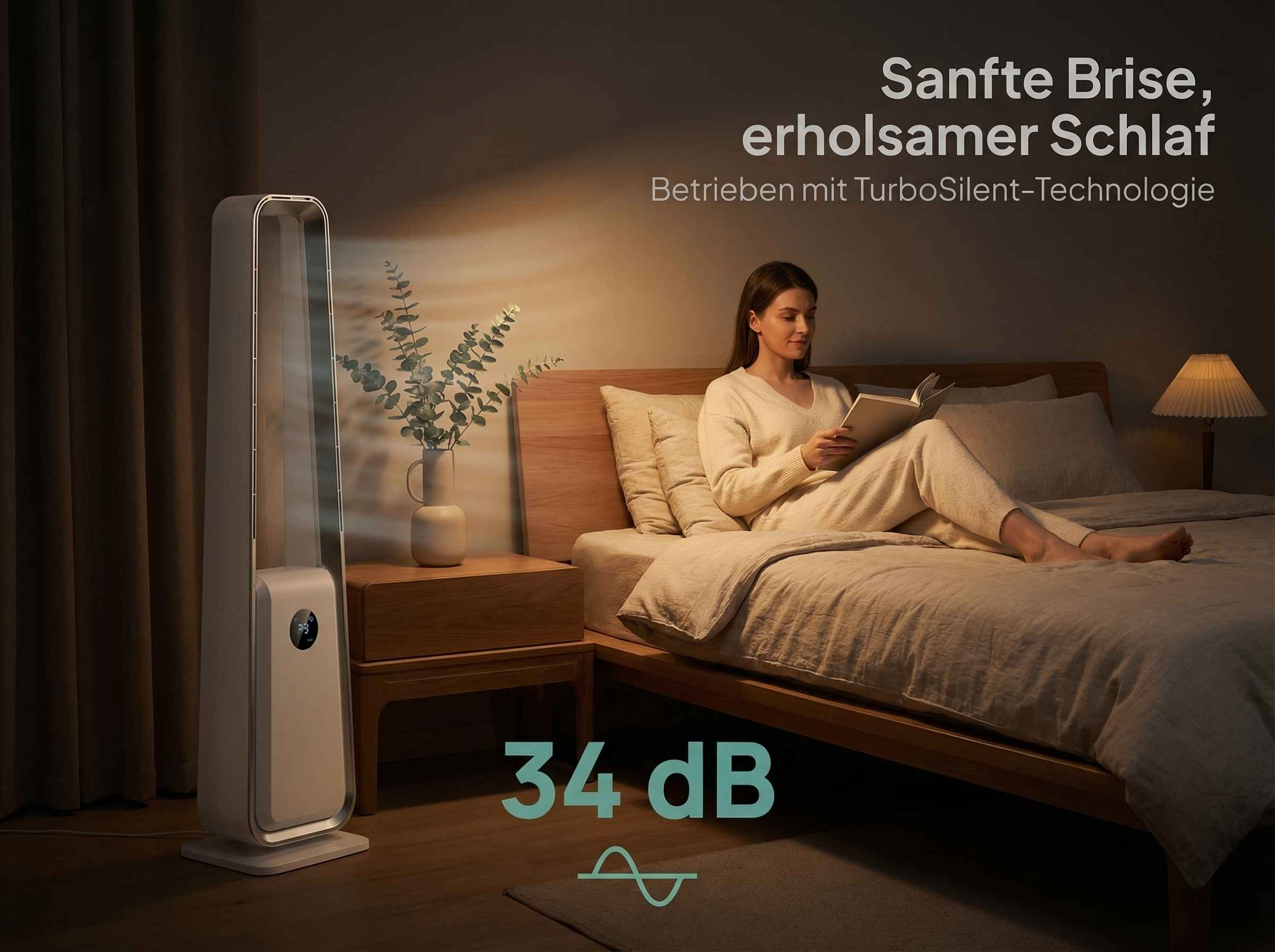 Ein Ventilator steht neben einem Bett, auf dem eine Frau liest. 34 dB.