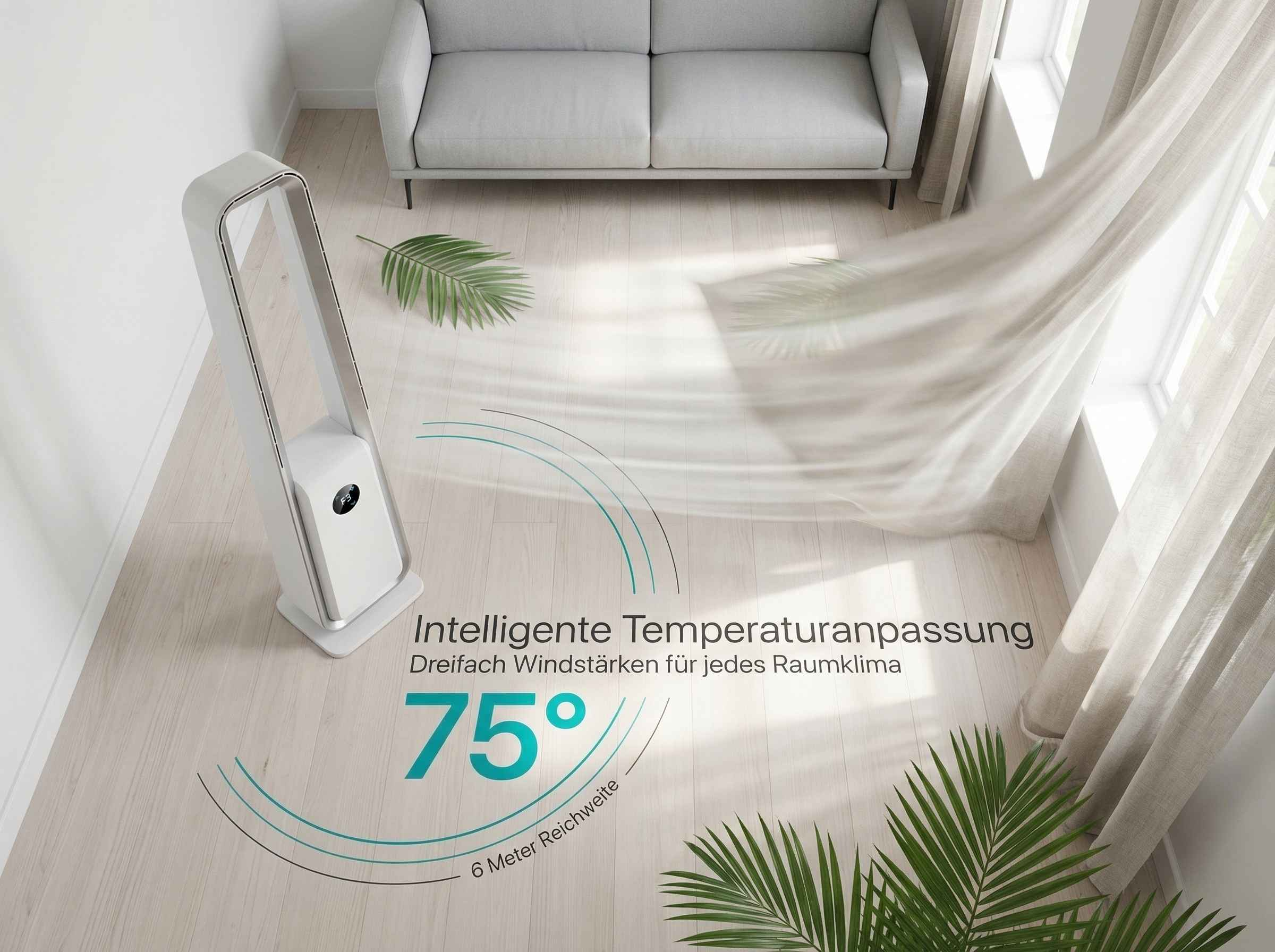 Ein weißer Turmventilator steht auf einem Holzboden neben einem Sofa.