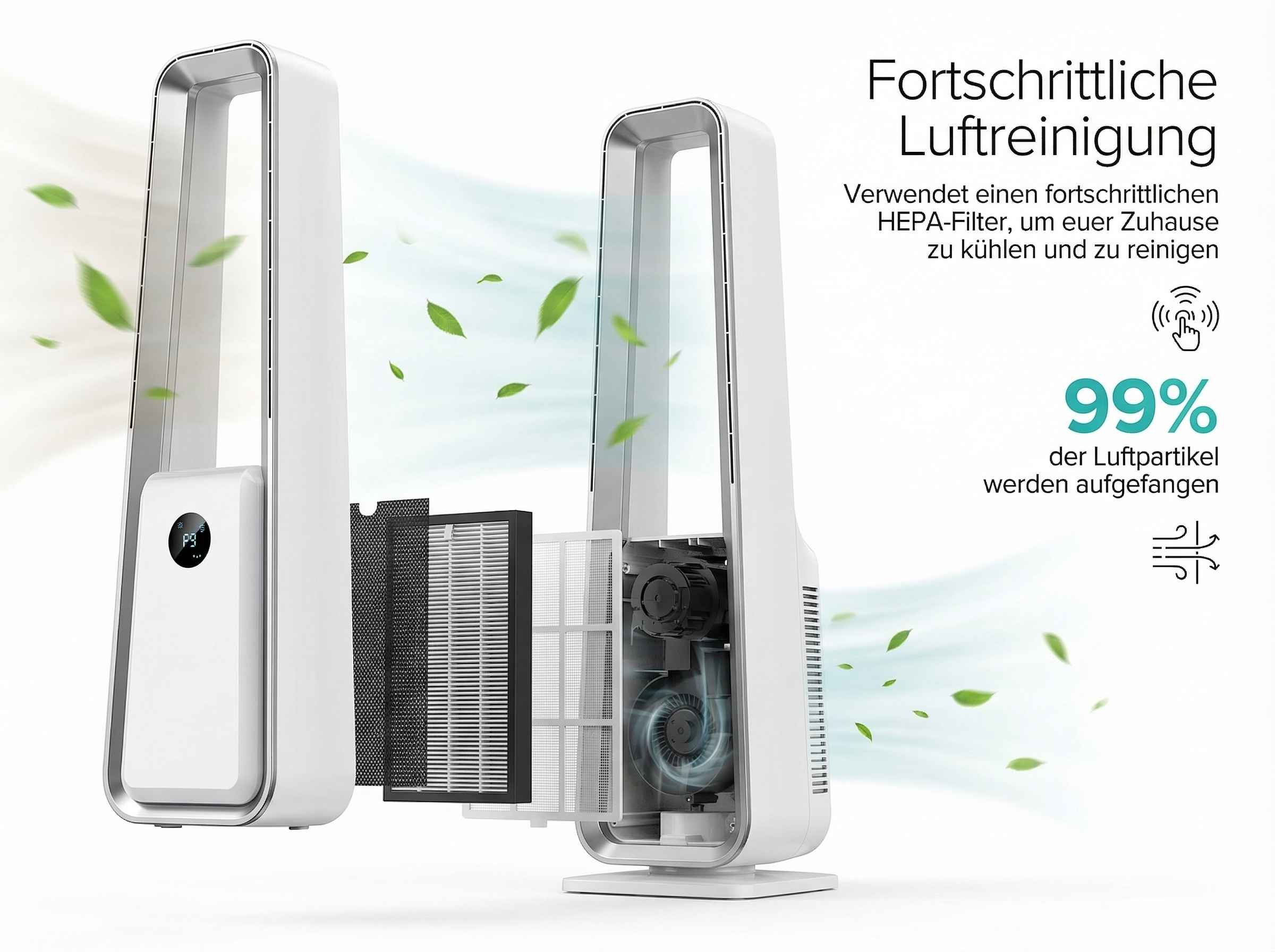 Ein weißer Luftreiniger mit entnommenen HEPA-Filtern und einem Lüfter.