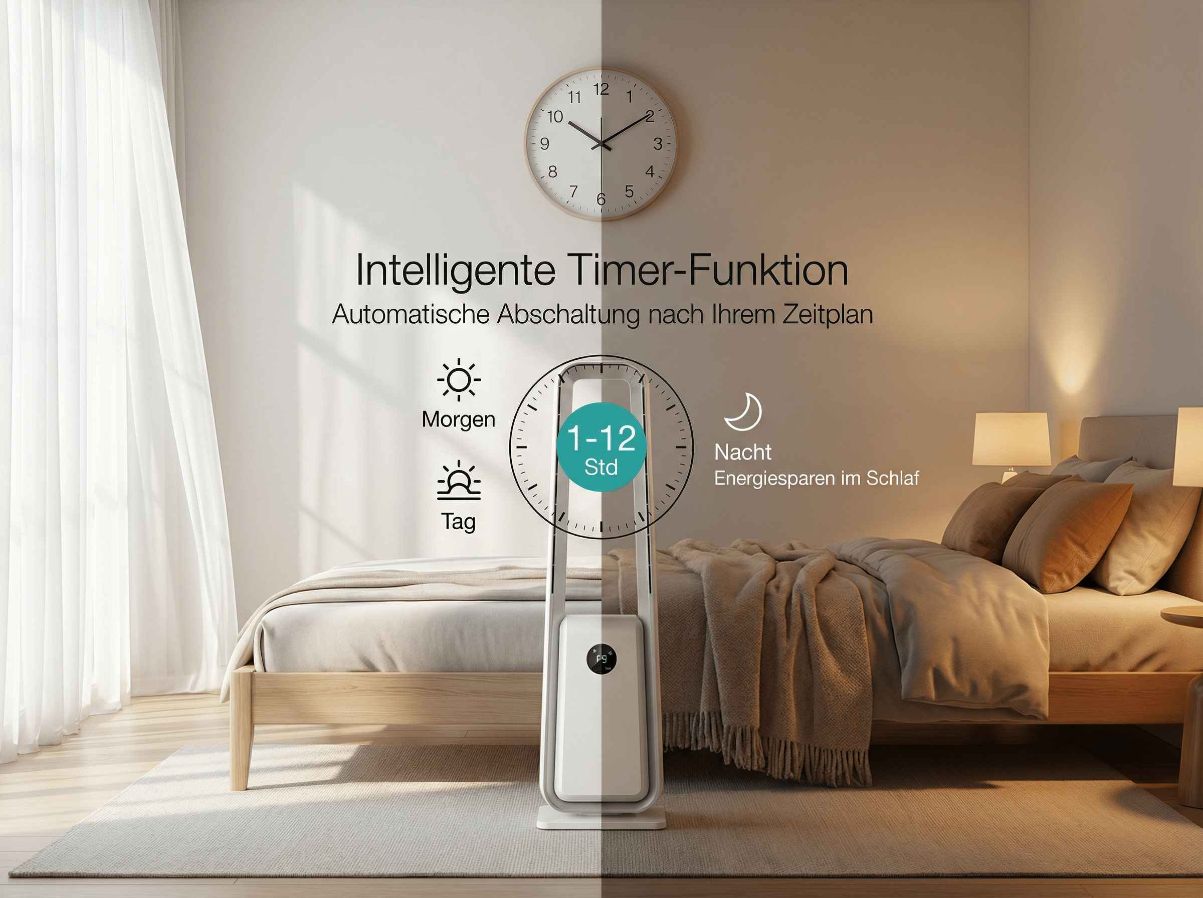 Ein Schlafzimmer mit einem Bett, einem Ventilator und einer Uhr. Intelligente Timer-Funktion.