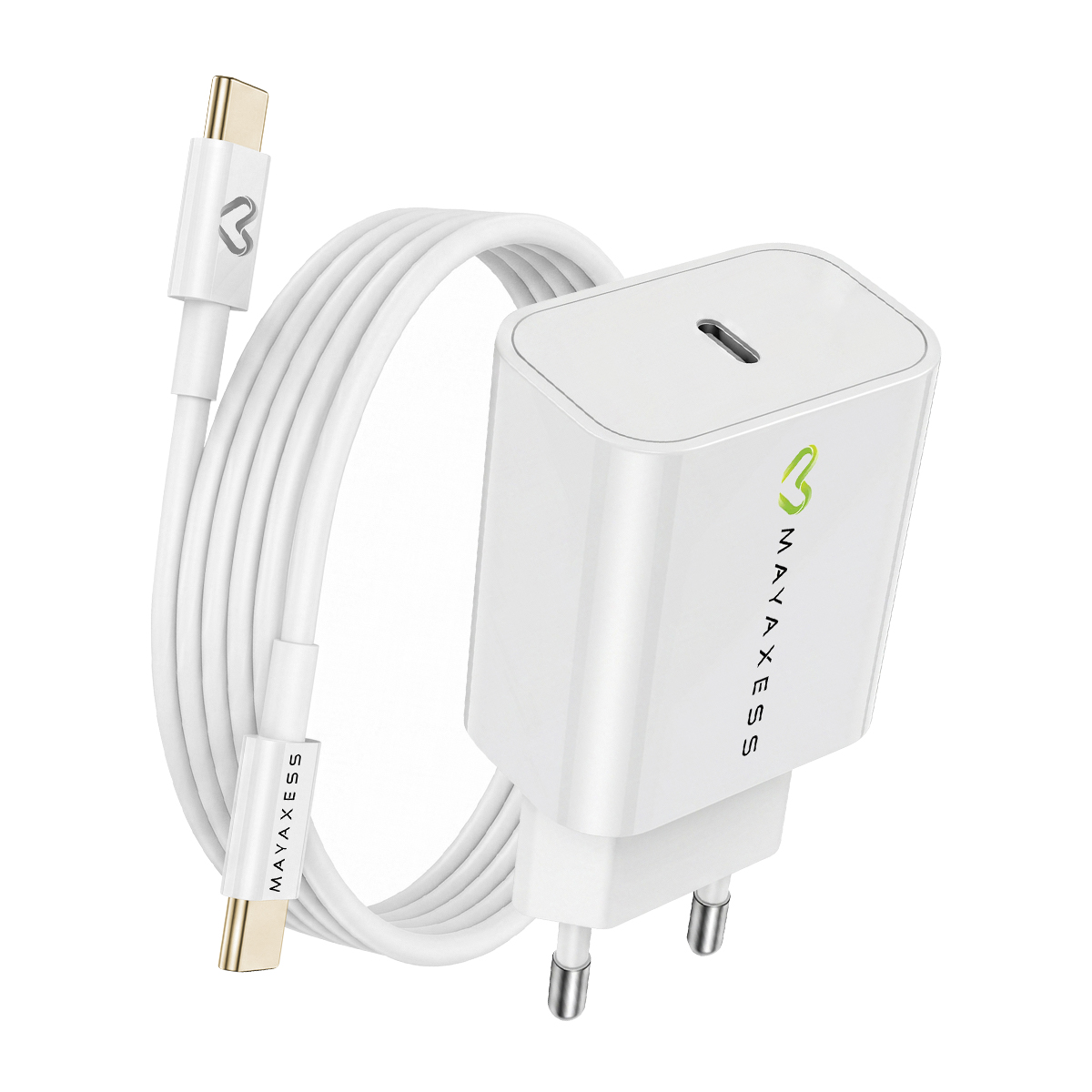 Un caricatore USB-C bianco con cavo, marca MAYAXESS.