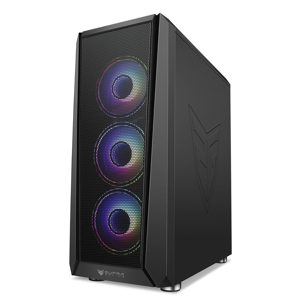 Caja de ordenador negra con tres ventiladores RGB frontales y un logo lateral.