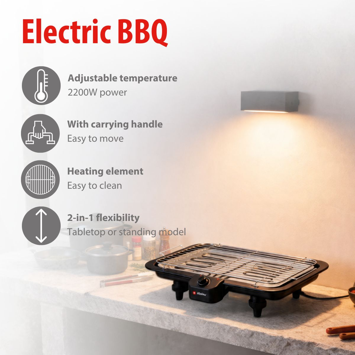 Electric BBQ with adjustable temperature, carrying handle, and heating element.