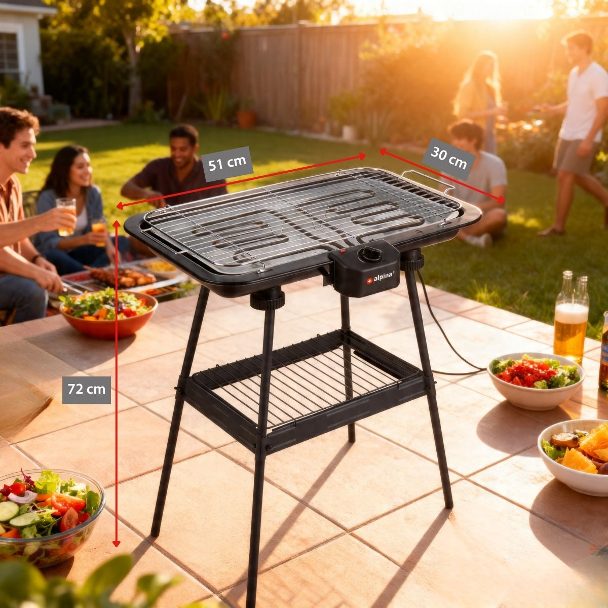 Electric grill in a garden setting with friends, dimensions 51x30x72cm.