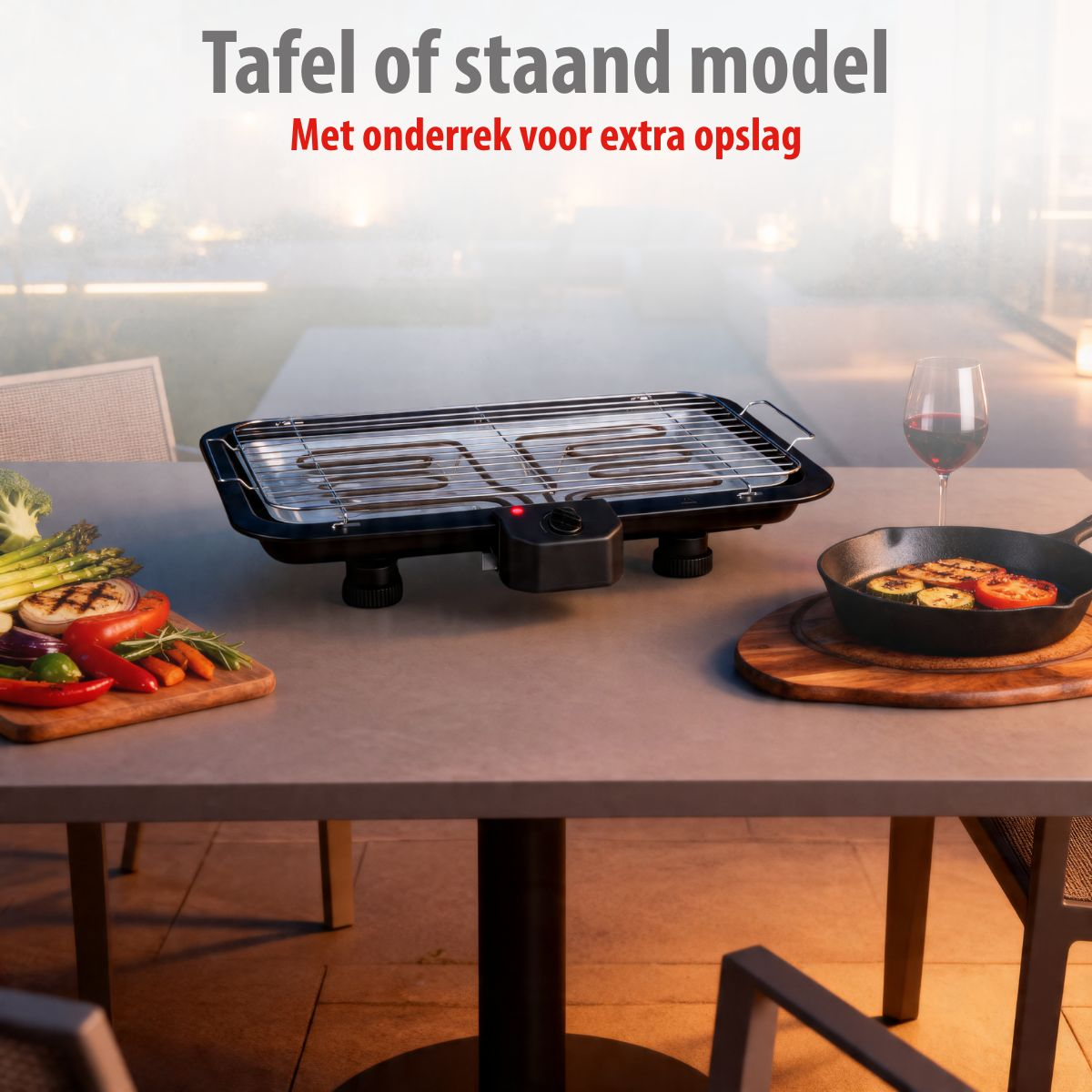 An electric tabletop grill with vegetables and wine on an outdoor table.
