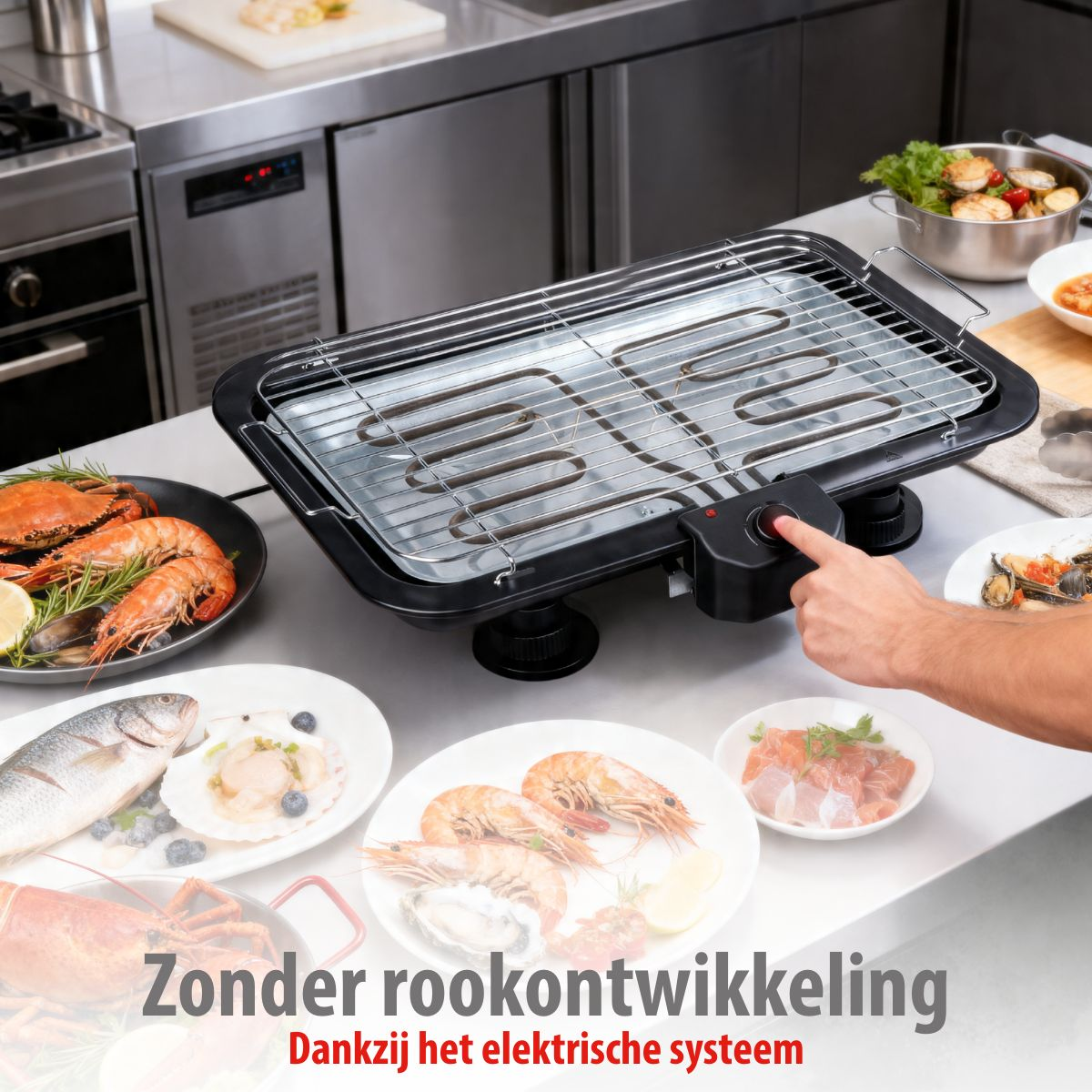 Electric tabletop grill with various seafood on plates.