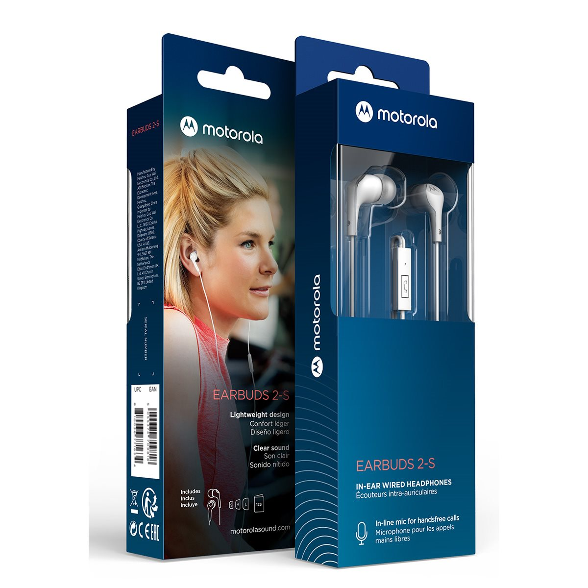 Two Motorola Earbuds 2-S boxes showing earphones and a model.