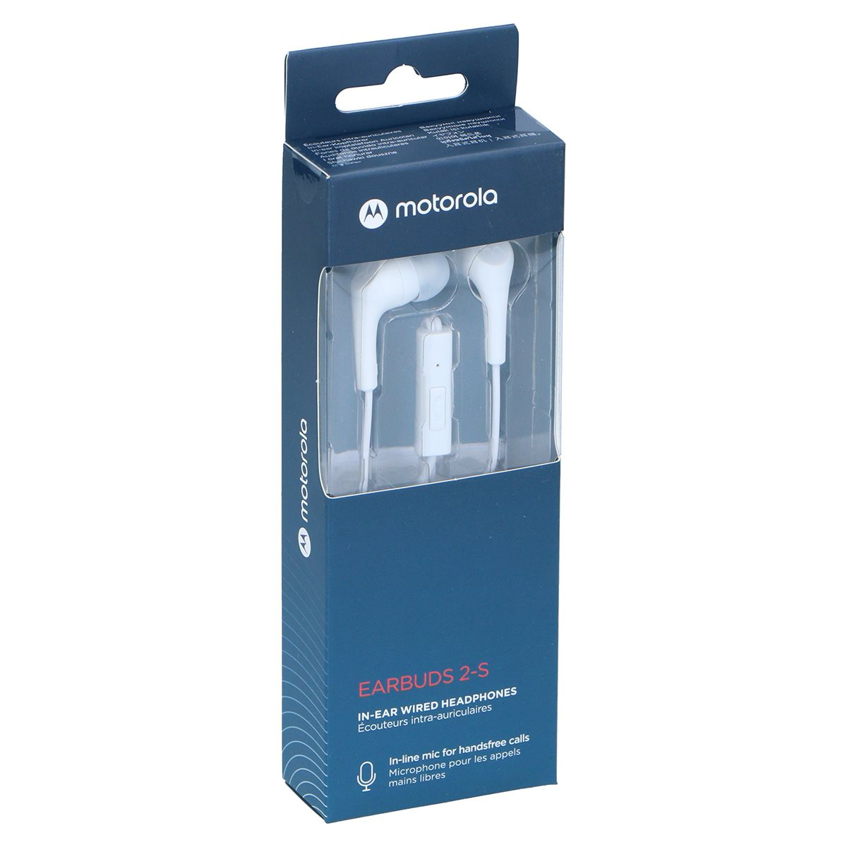 Motorola earbuds 2-S packaging. White in-ear wired headphones with mic.