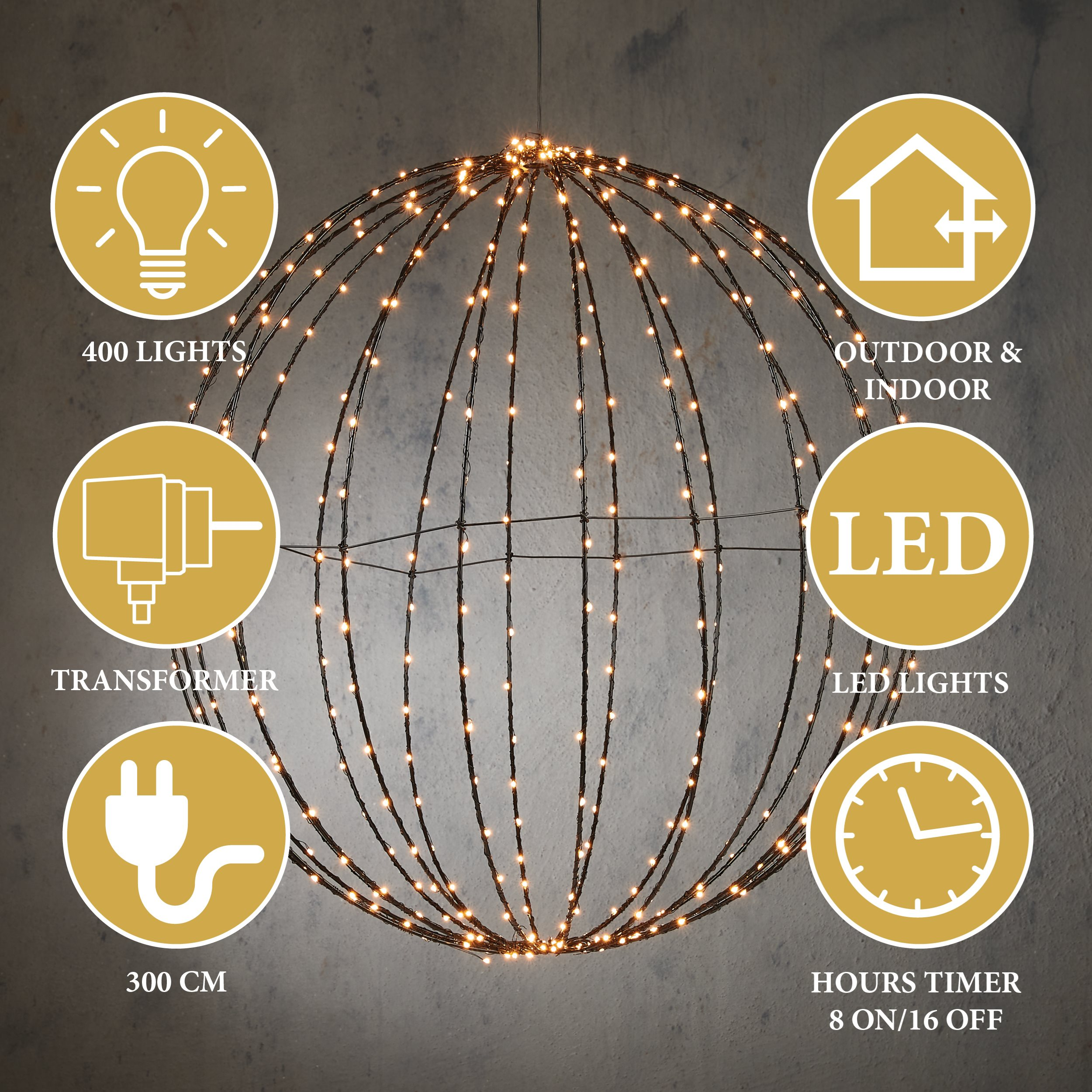 Guirlande lumineuse sphérique 400 LED, 300cm, intérieur/extérieur, avec minuterie.