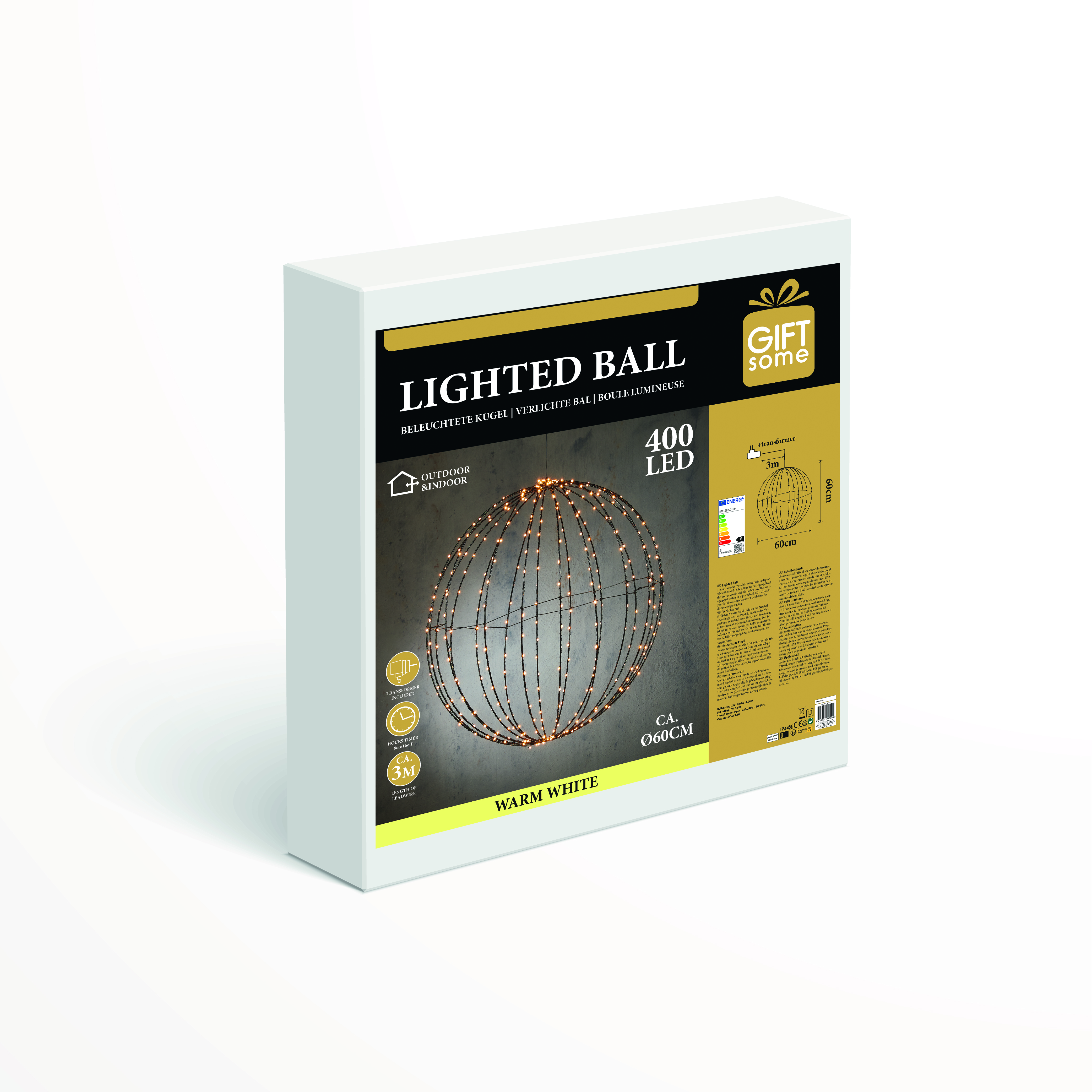 Emballage d'une boule LED blanc chaud avec 400 LED, 60cm de diamètre.