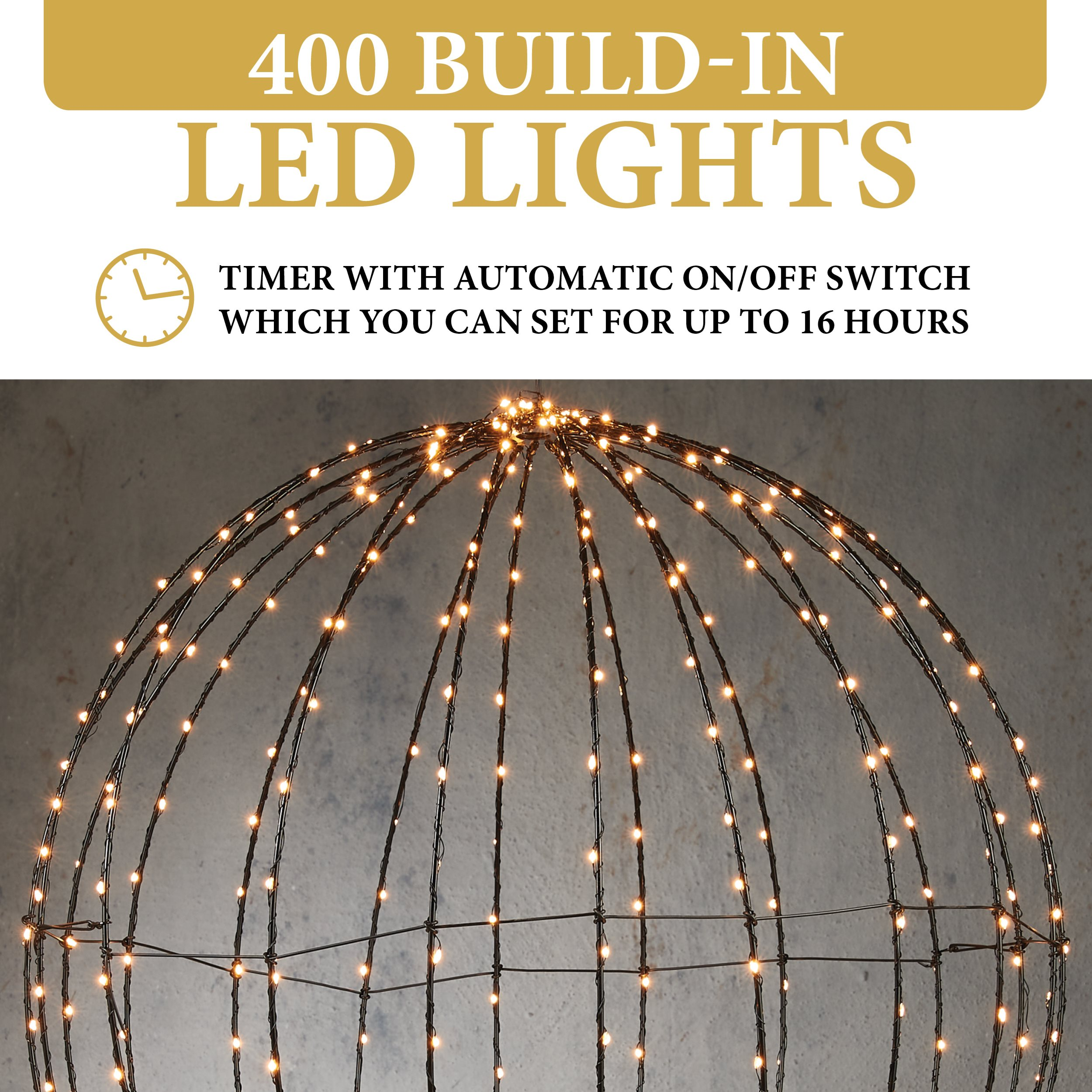 Cadre sphérique en fil avec 400 lumières LED blanc chaud.